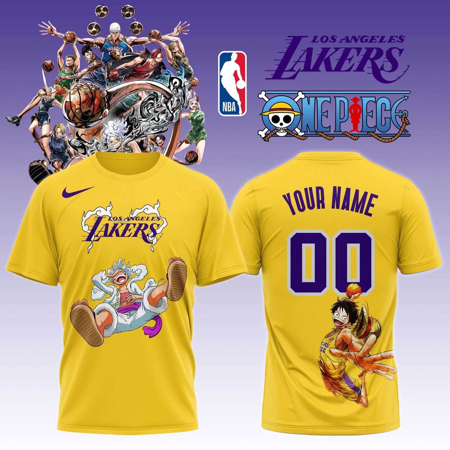 ,,ONE PIECE × NBA Los Angeles Lakers 2025 TShirt (Custom Name & Number) 2