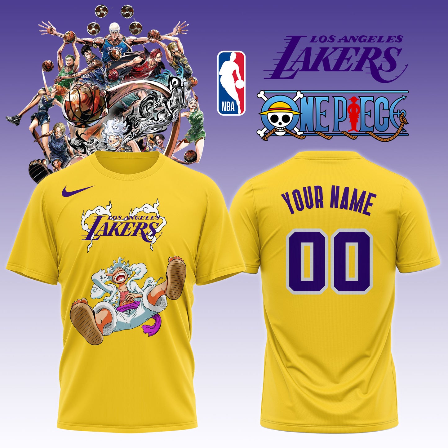 ,,ONE PIECE × NBA Los Angeles Lakers 2025 TShirt (Custom Name & Number) 2