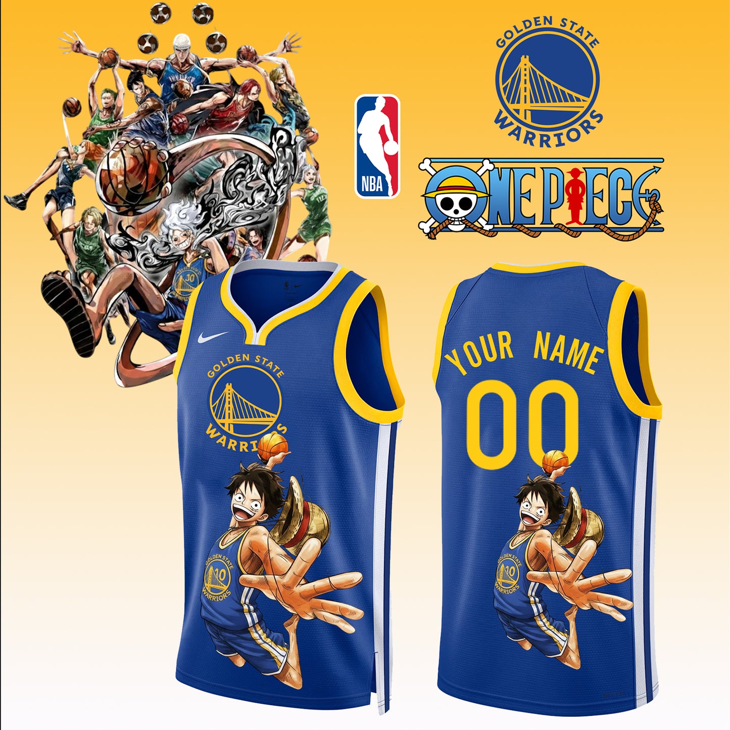 _,,ONE PIECE × NBA Golden State Warriors 2025 Jersey ( Custom Name & Number ) 1