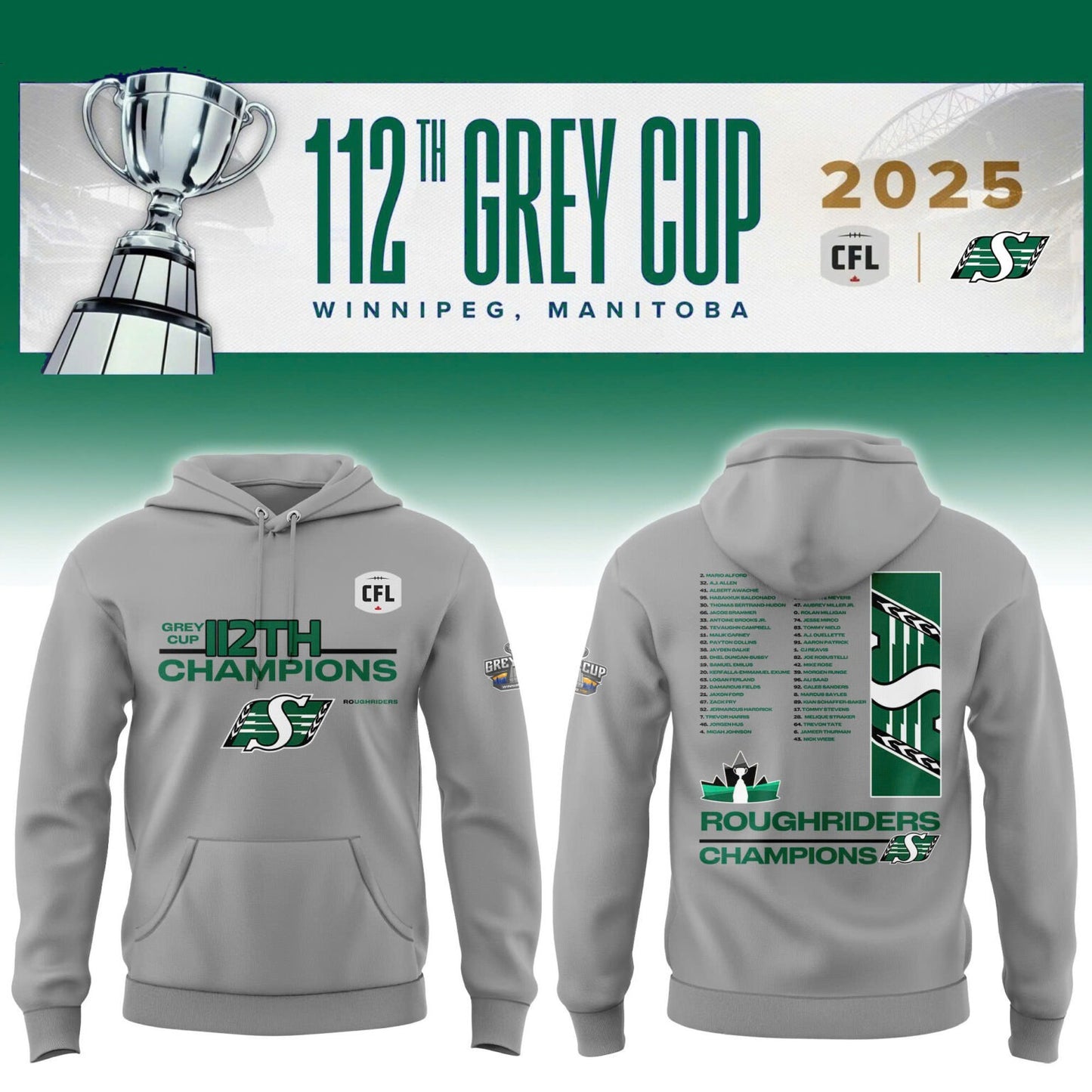 Limited Edition Roughriders 2025 Grey Cup Champions Hoodie-AB1711257015