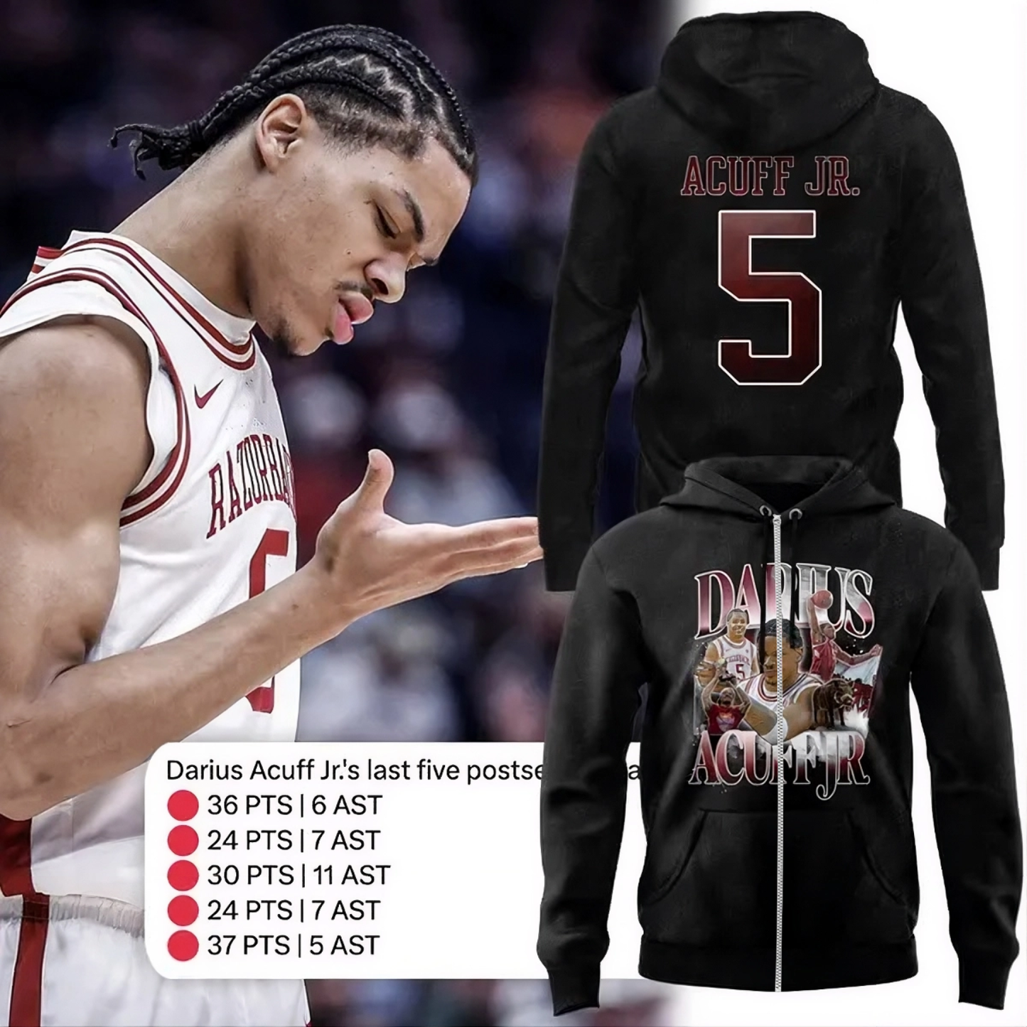 Special 2026 Darius Acuff Jr. Arkansas Razorbacks Men’s Basketball Zip Hoodie