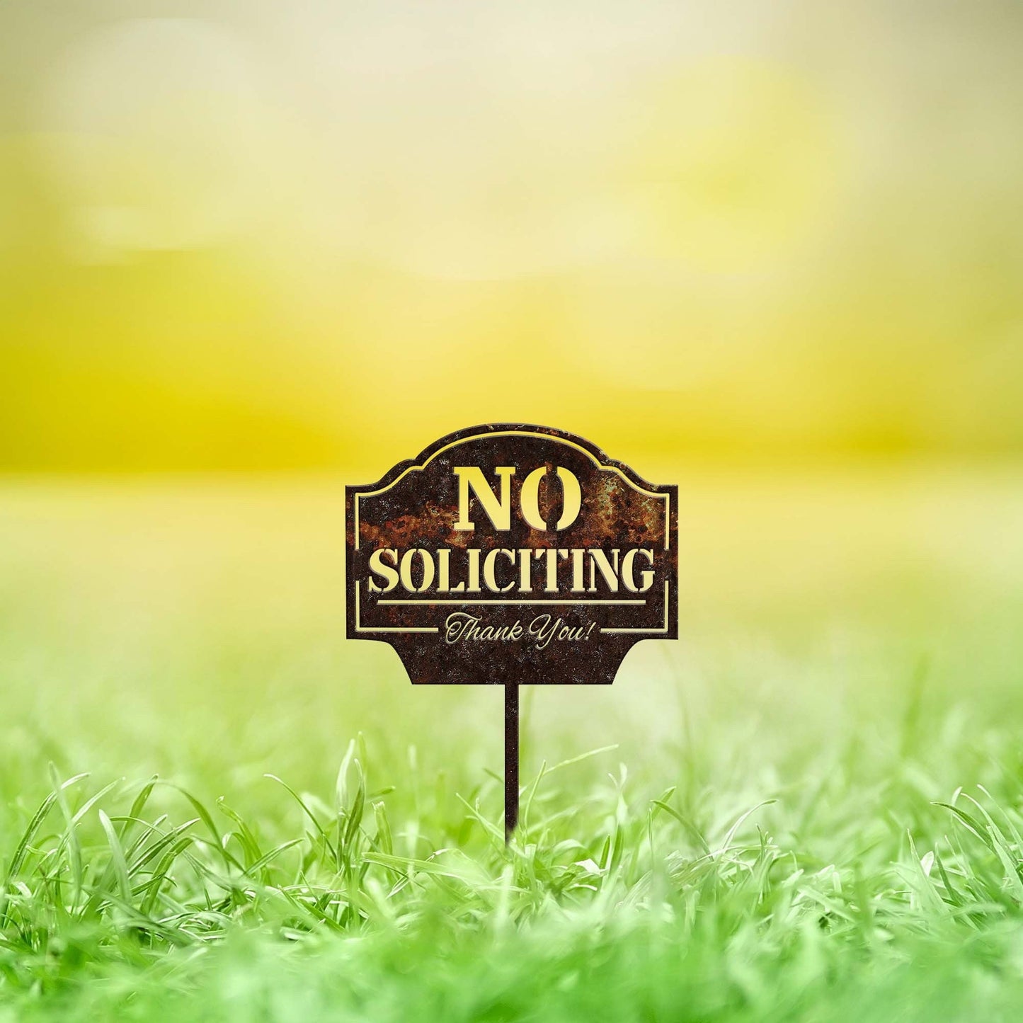 No Soliciting Yard Sign Metal Rusty, Notice Warning Garden Stake, Metal Yard Art, Outdoor Decor, Property Protected, Metal Garden Sign