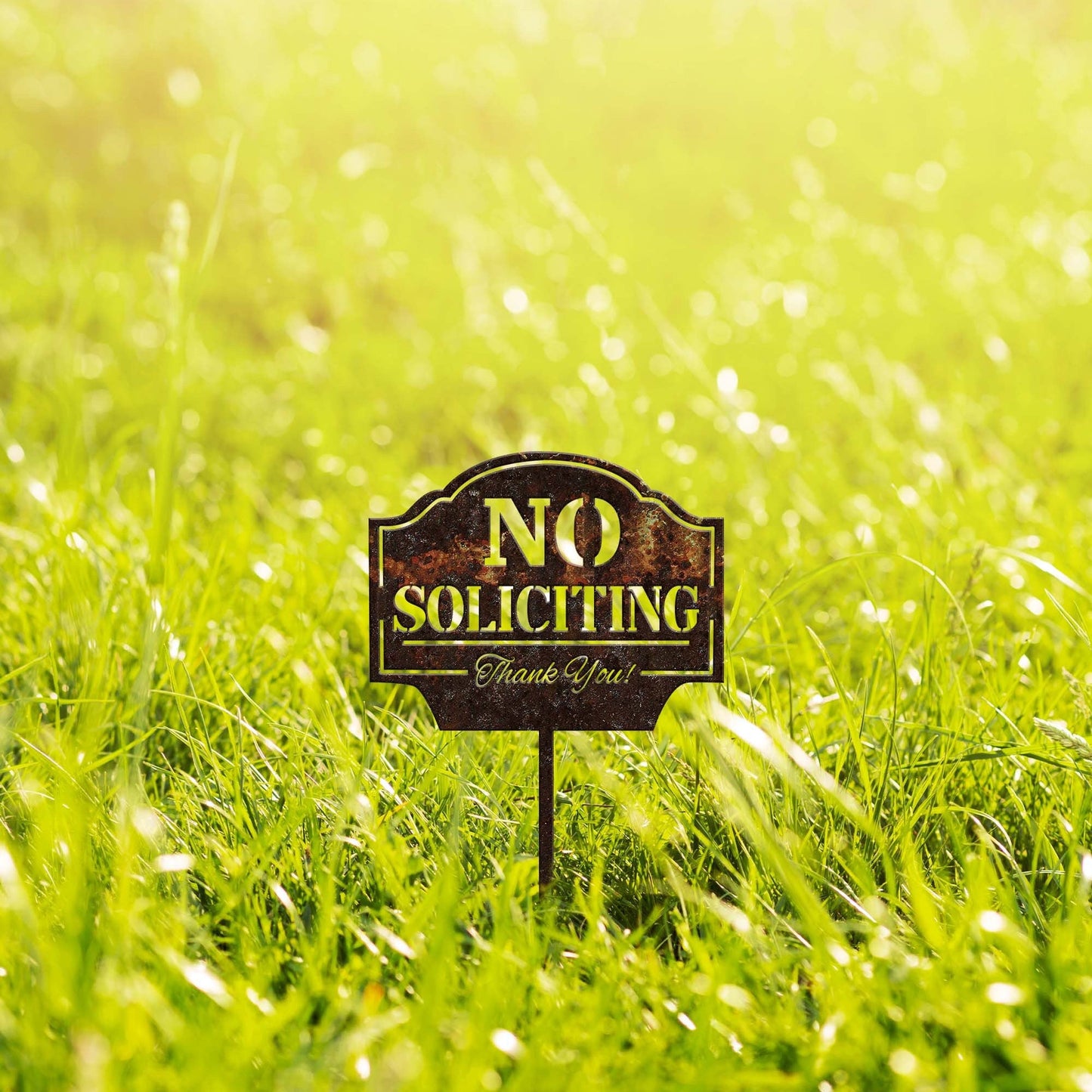 No Soliciting Yard Sign Metal Rusty, Notice Warning Garden Stake, Metal Yard Art, Outdoor Decor, Property Protected, Metal Garden Sign