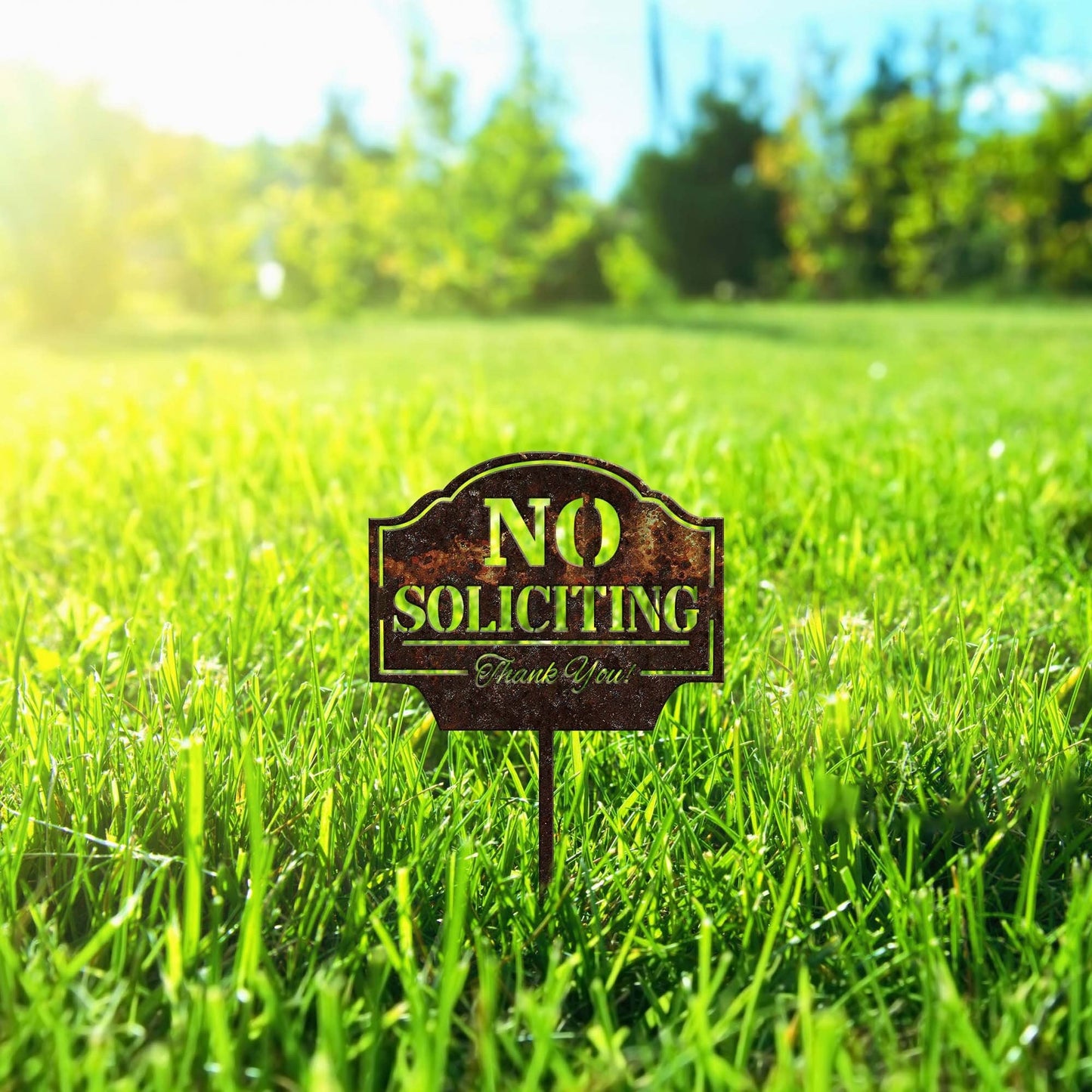 No Soliciting Yard Sign Metal Rusty, Notice Warning Garden Stake, Metal Yard Art, Outdoor Decor, Property Protected, Metal Garden Sign
