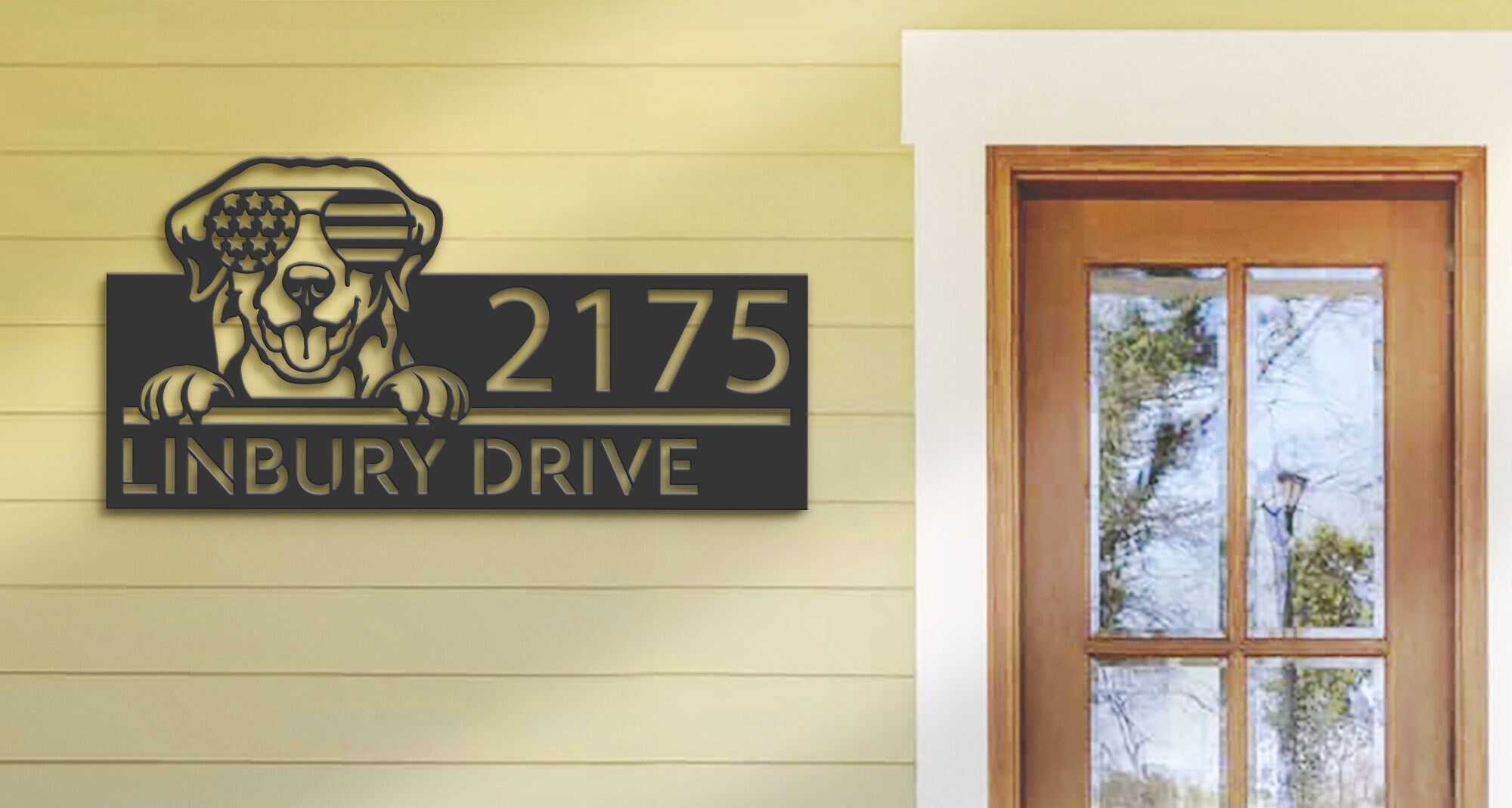 Personalized Golden Retriever dog US glasses Metal Address Sign House number Hanging Address Plaque Yard Sign Outdoor decor Garden Stake