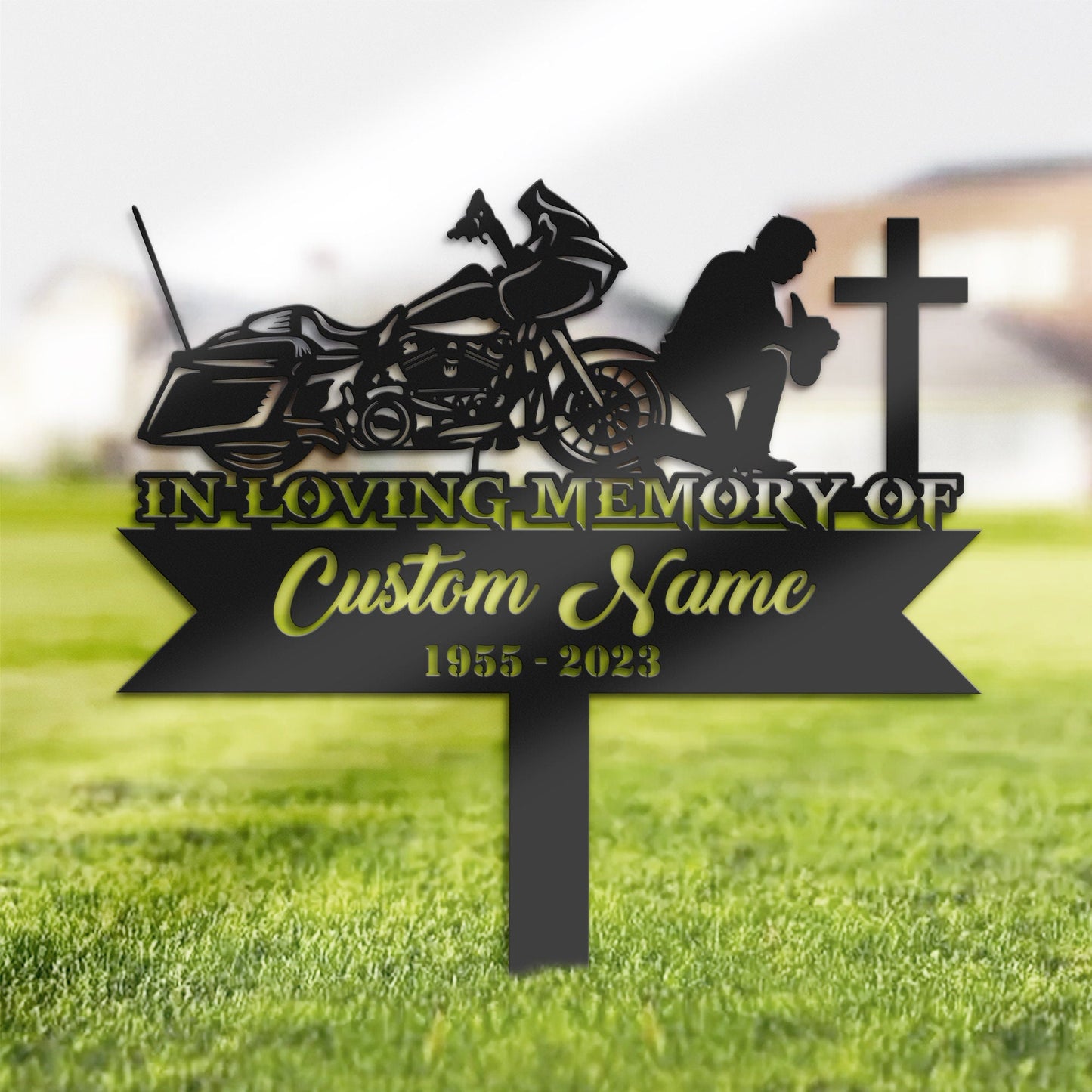 Personalized Biker Kneels at cross motobike rider Memorial Stake, Metal Stake, Sympathy Sign, Grave Marker, Remembrance Stake