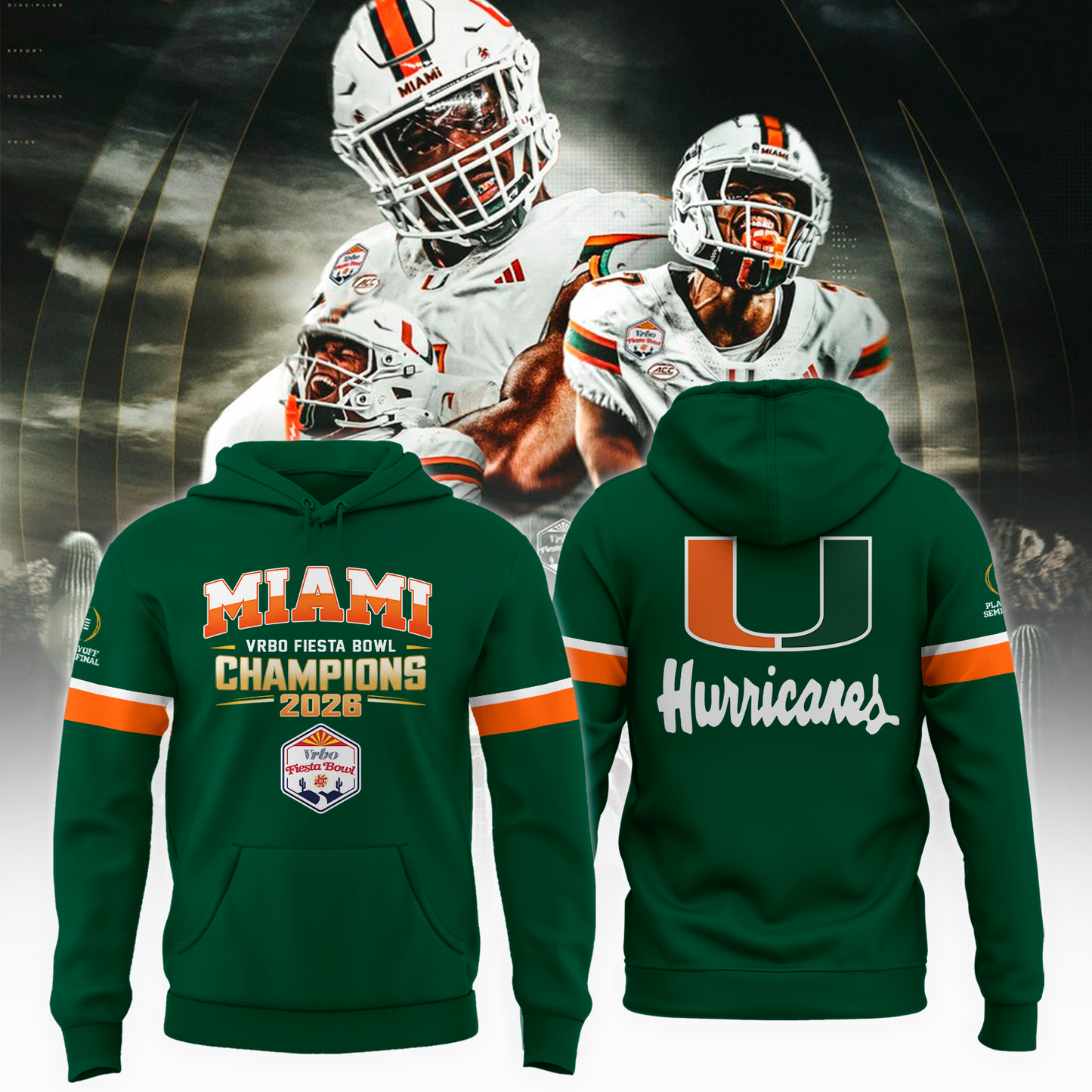 UM Hurricanes Football -VRBO FIESTA BOWL Champions Special Hoodie Limited Edition