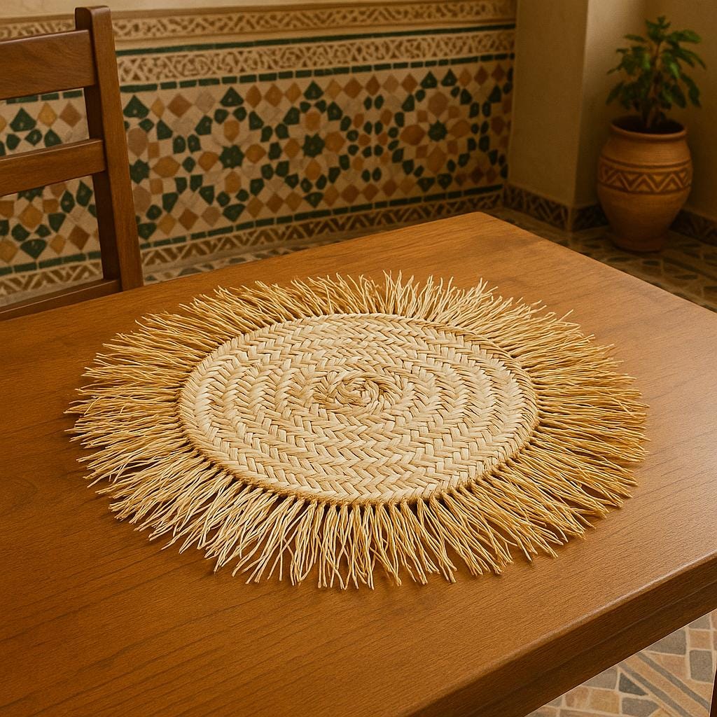 Handmade Raffia Coaster: Large Bohemian Woven Table Mat with Fringe