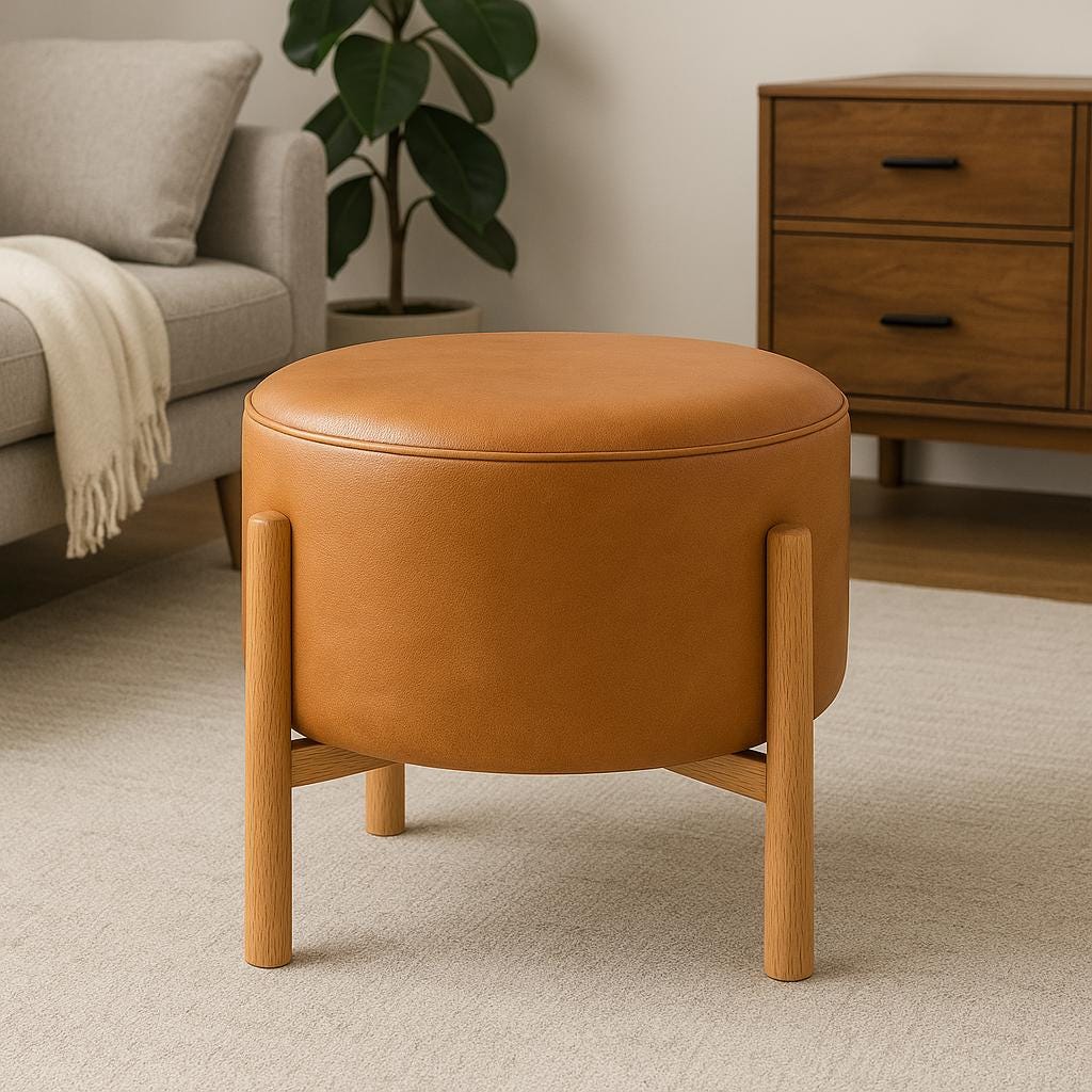 Handmade Round Leather Ottoman Stool – Upholstered Bench Pouf Chair – Modern Coffee Seat or End Table – Custom Genuine or Faux Leather