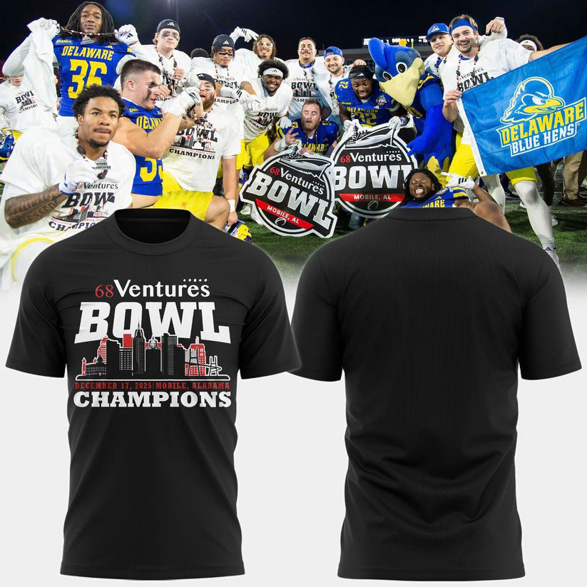 Unisex Black Delaware Football 68 Ventures Bowl Bowl Champions 2025 T-shirt