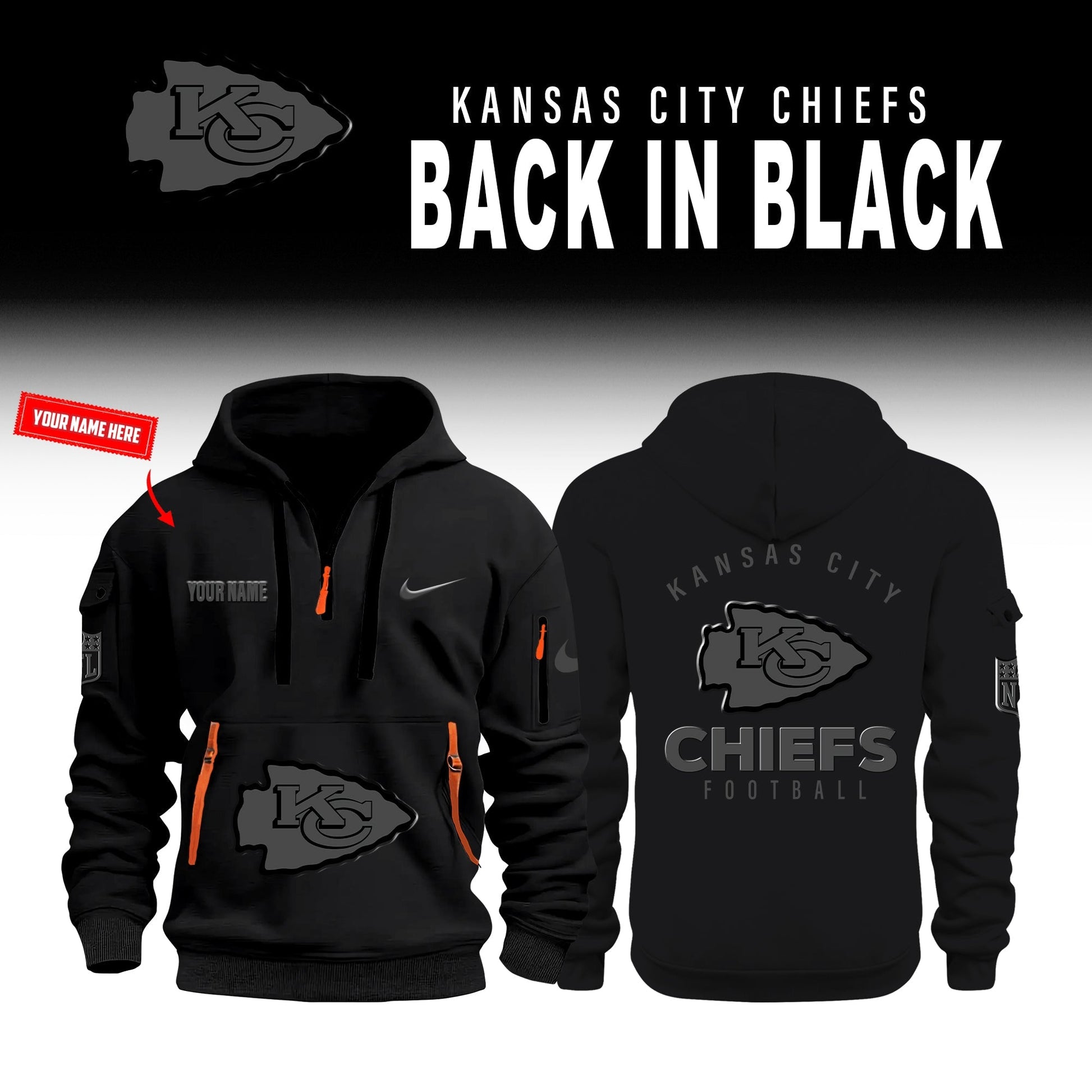 Kansas City Chiefs Back In Black Half Zip Hoodie