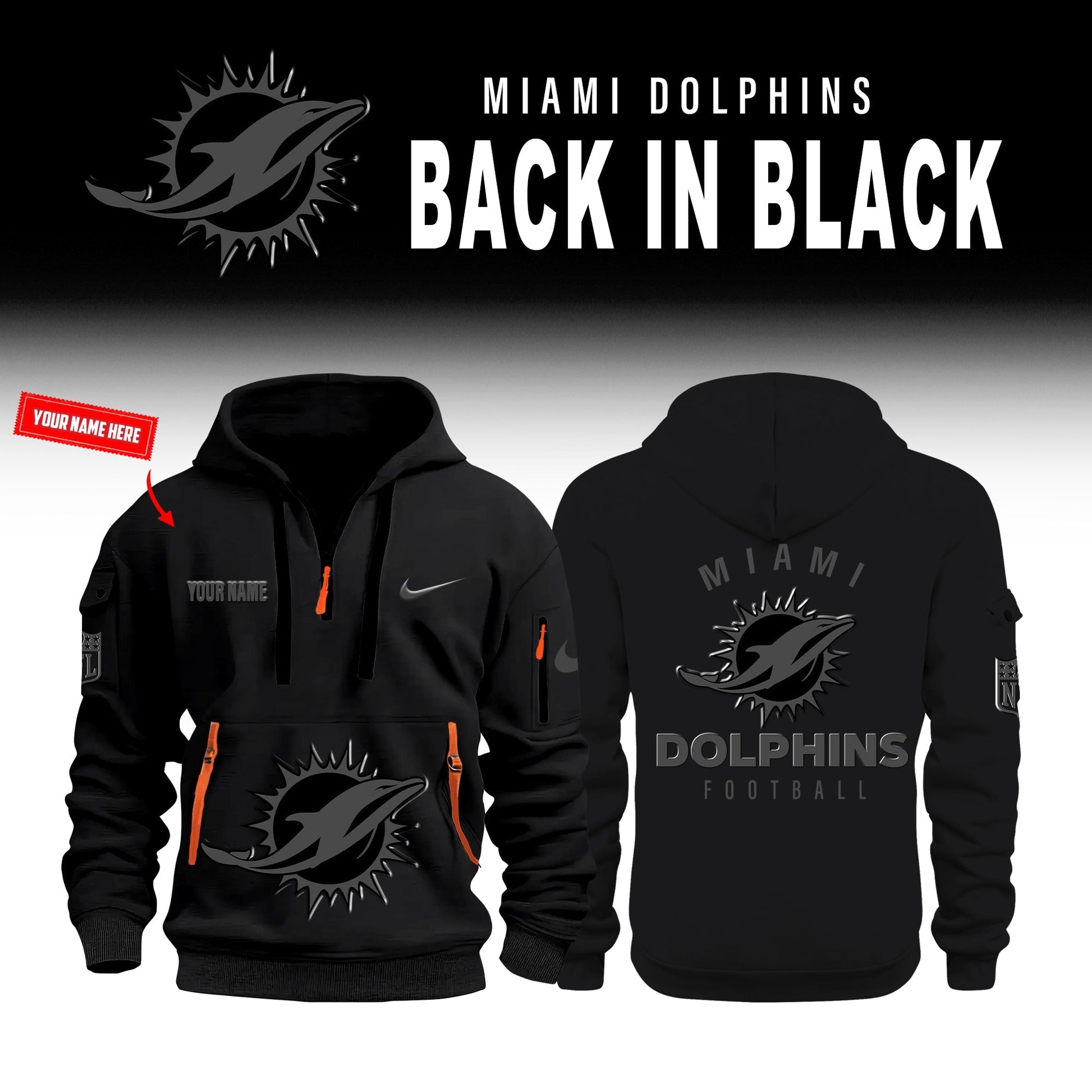 Miami Dolphins Back In Black Half Zip Hoodie