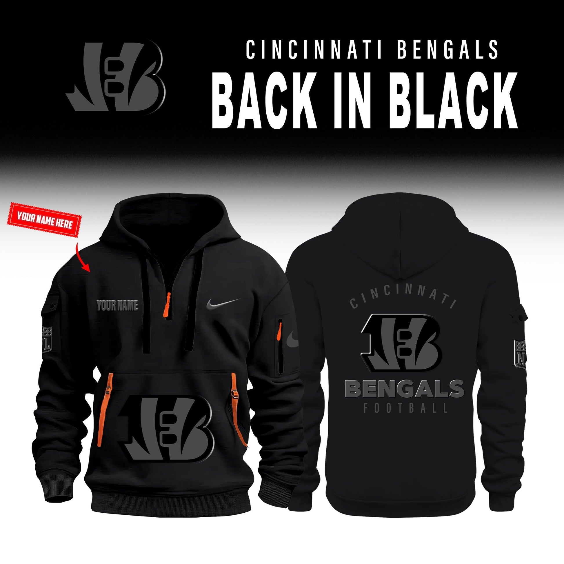 Cincinnati Bengals Back In Black Half Zip Hoodie