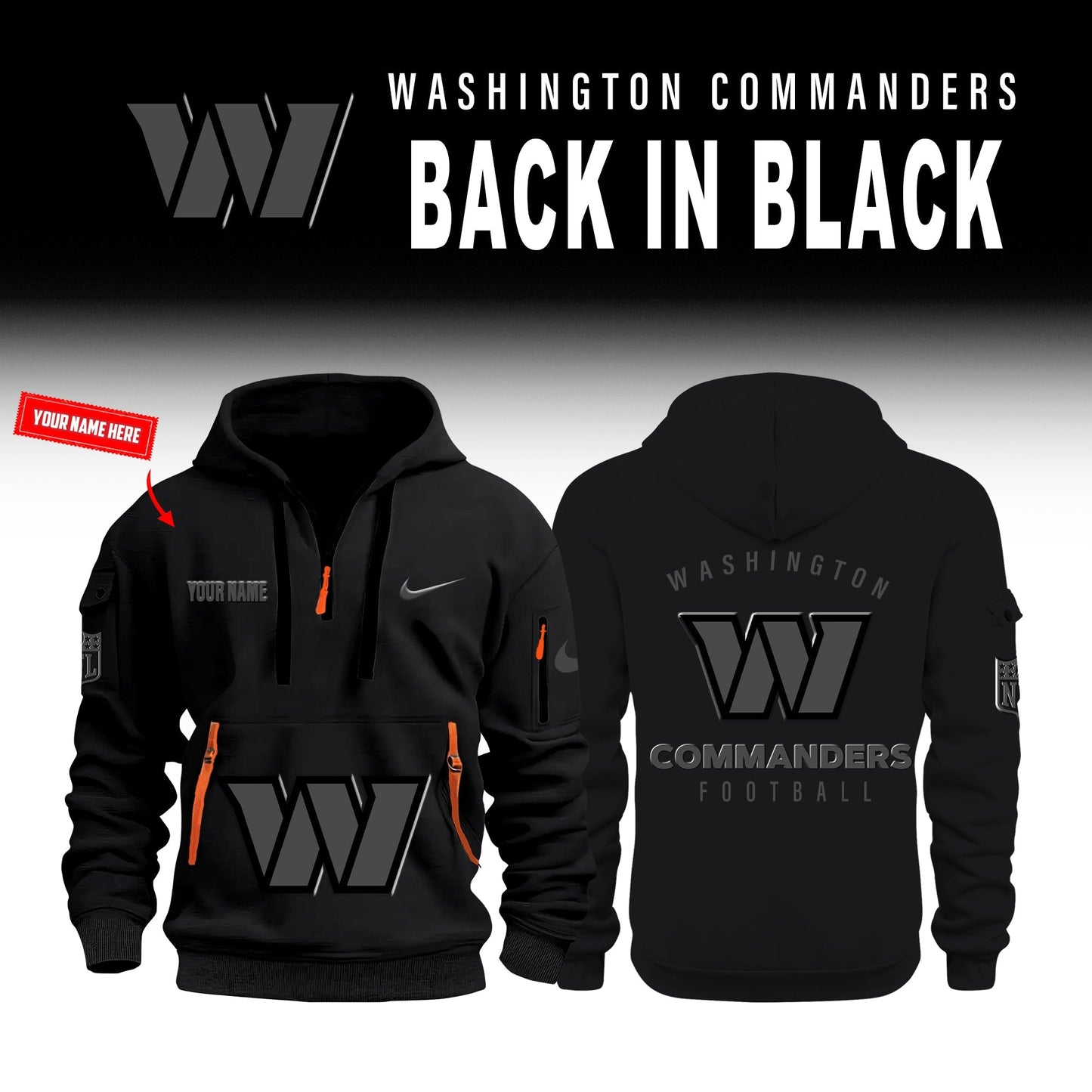 Washington Commanders Back In Black Half Zip Hoodie
