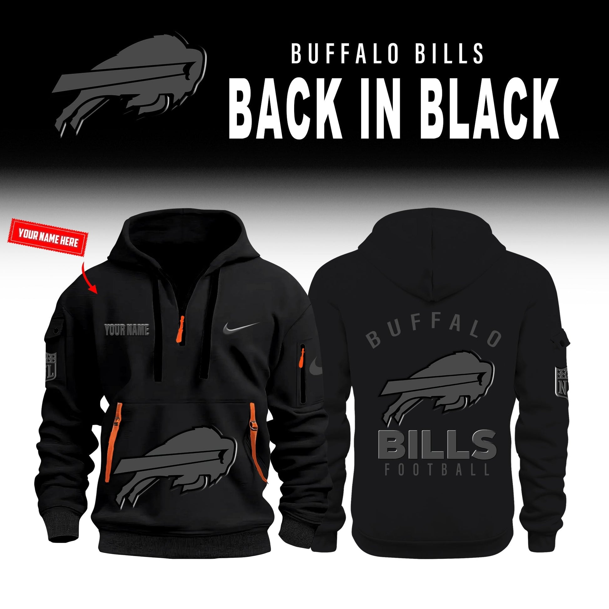 Buffalo Bills Back In Black Half Zip Hoodie