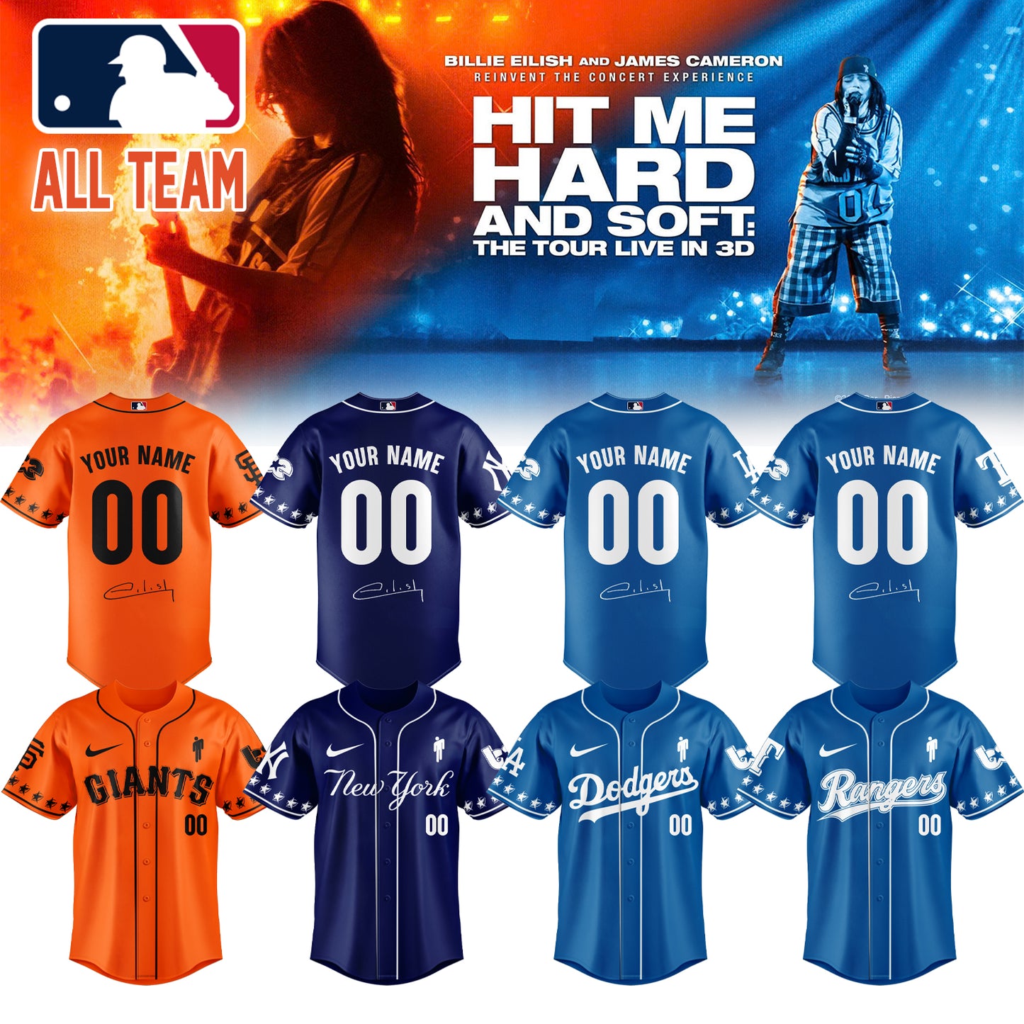 .Baseball x Billie Eilish HIT ME HARD AND SOFT: THE TOUR Jersey 9 (Custom Name & Number)