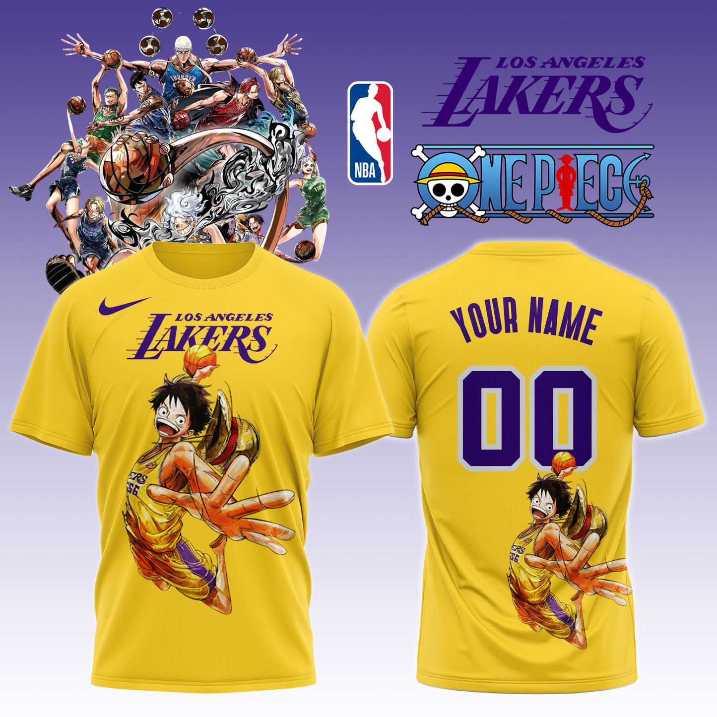 ,,,ONE PIECE × NBA Los Angeles Lakers 2025 TShirt (Custom Name &amp; Number) 3