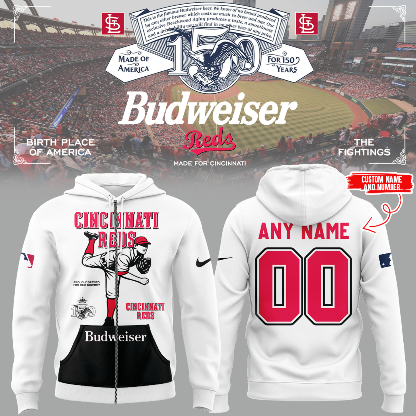 Red ⚾ Budweiser 150 years ZipHoodie-KC03252630