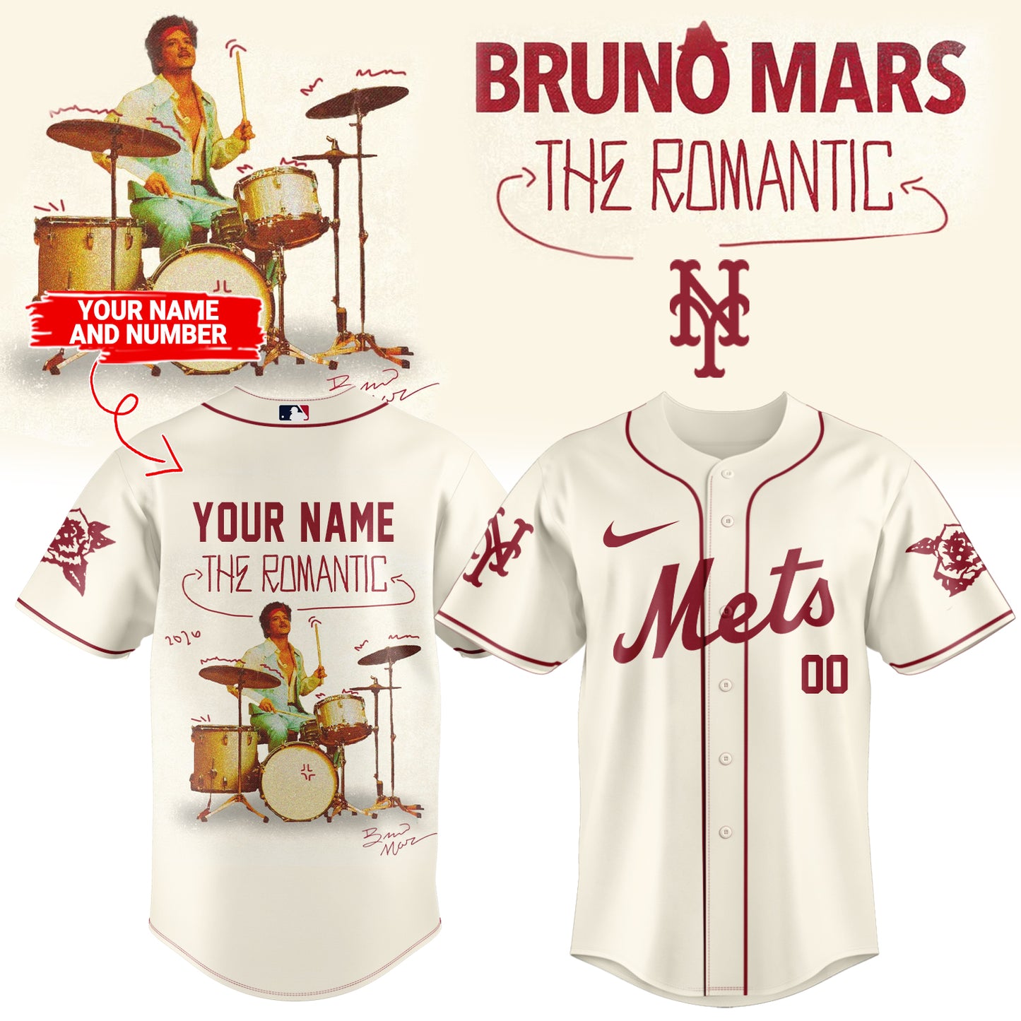 ,Baseball X Bruno Mars ”The Romantic Tour 2026” Limited Edition Signature – Jersey 2 (Custom Name&Number )