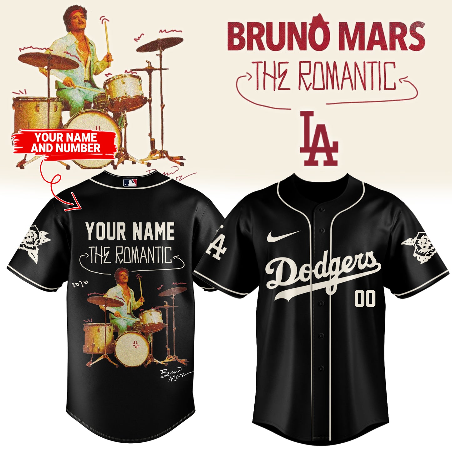 ,Baseball X Bruno Mars ”The Romantic Tour 2026” Limited Edition Signature – Jersey 1 (Custom Name&Number )
