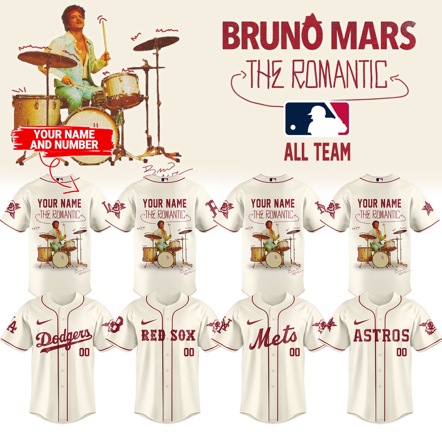 ,Baseball X Bruno Mars ”The Romantic Tour 2026” Limited Edition Signature – Jersey 2 (Custom Name&Number )