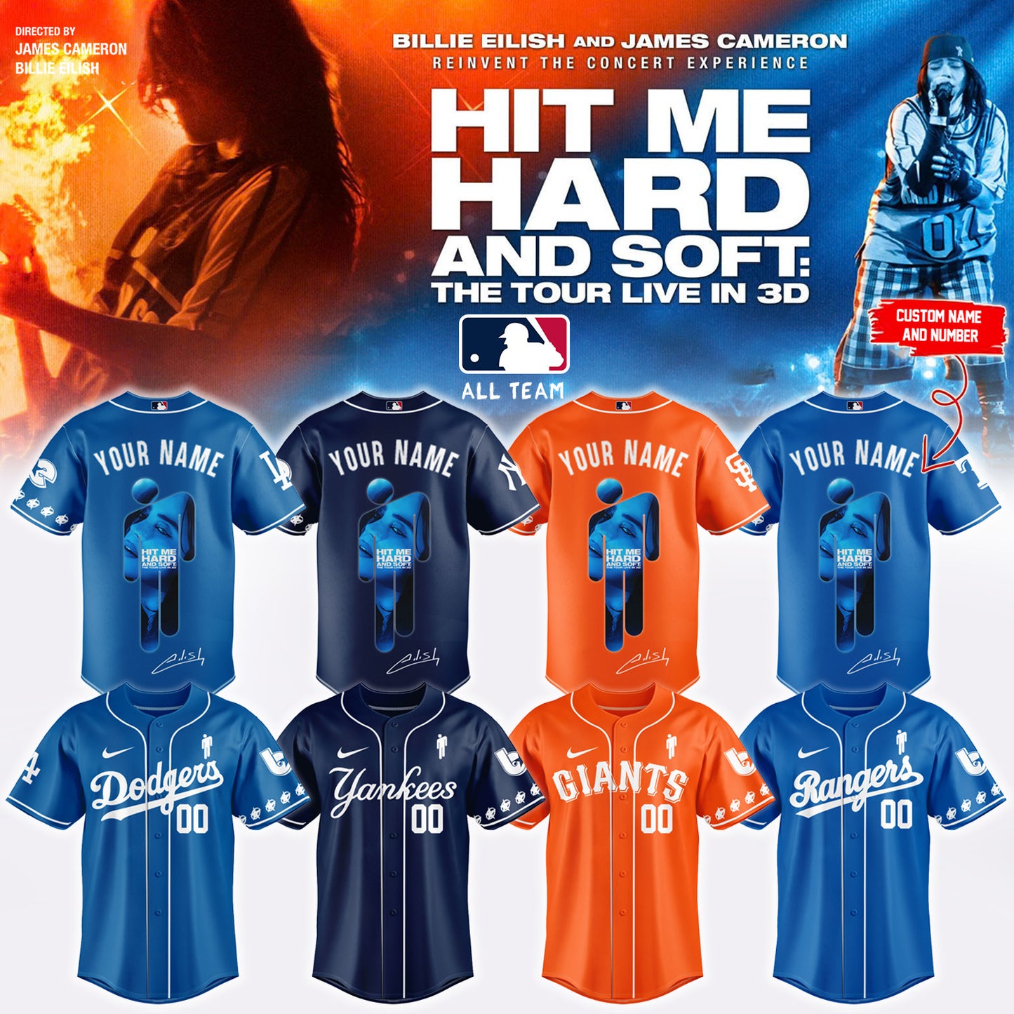 .Baseball x Billie Eilish HIT ME HARD AND SOFT: THE TOUR Jersey 8 (Custom Name & Number)