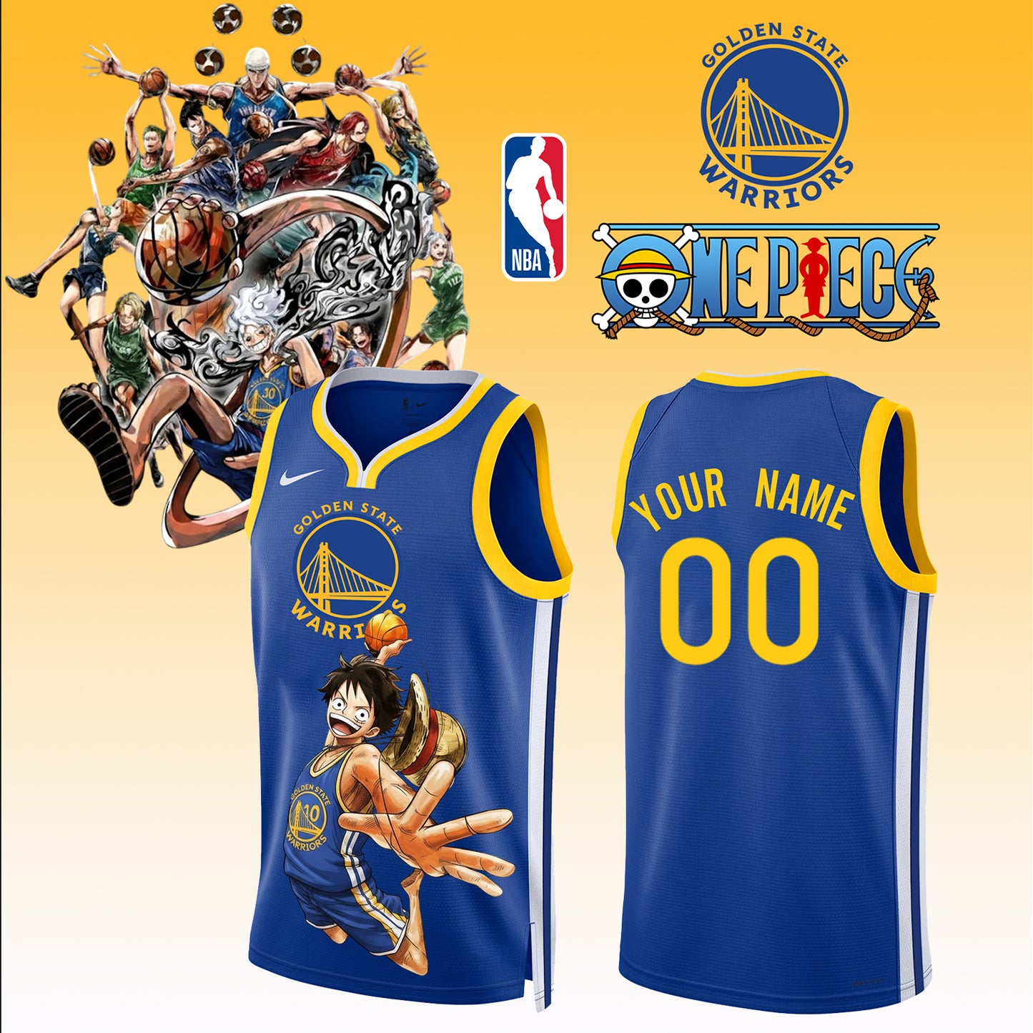 _,,ONE PIECE × NBA Golden State Warriors 2025 Jersey ( Custom Name &amp; Number ) 1