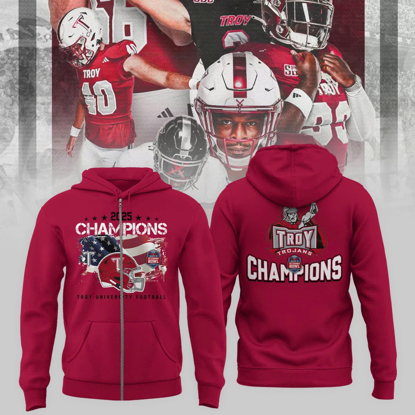 Troy University Football 2025 IS4S SALUTE TO VETERANS BOWL Champions Zip Hoodie