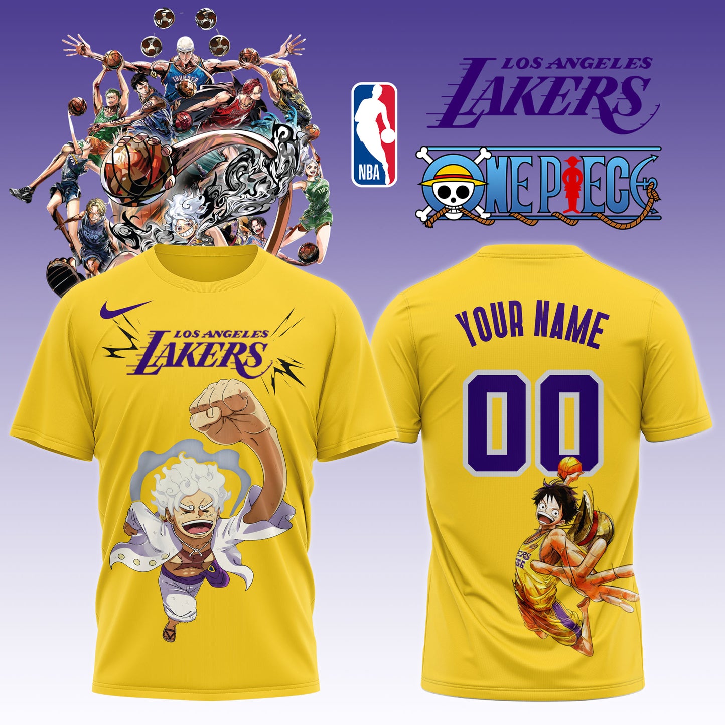,ONE PIECE × NBA Los Angeles Lakers 2025 TShirt (Custom Name &amp; Number) 1