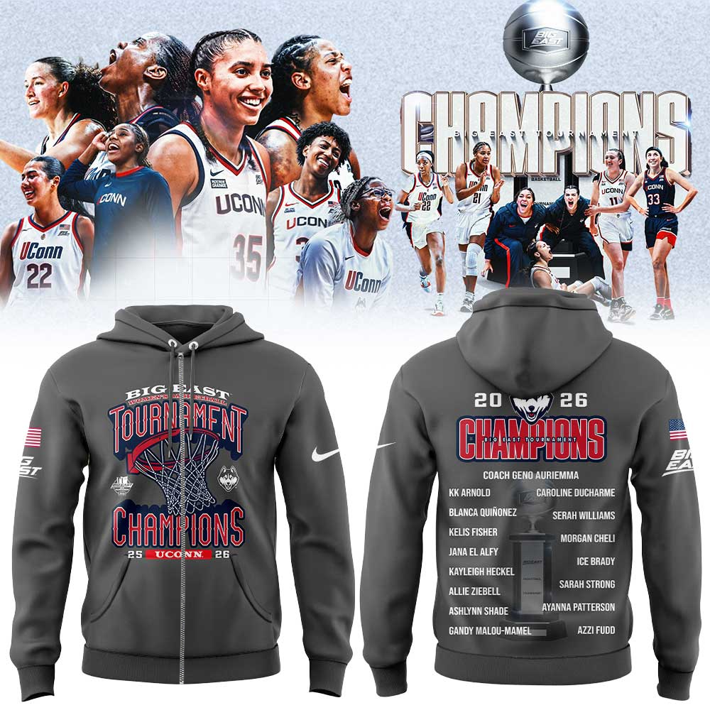 UConn Women’s Basketball 2026 BIG EAST Tournament Champions Gray Zip Hoodie
