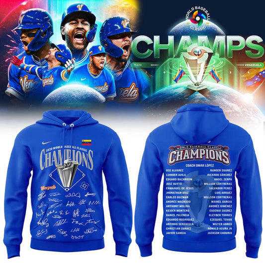 Team Beisbol Venezuela 2026 World Baseball Classic Champions Signature Blue Hoodie V2