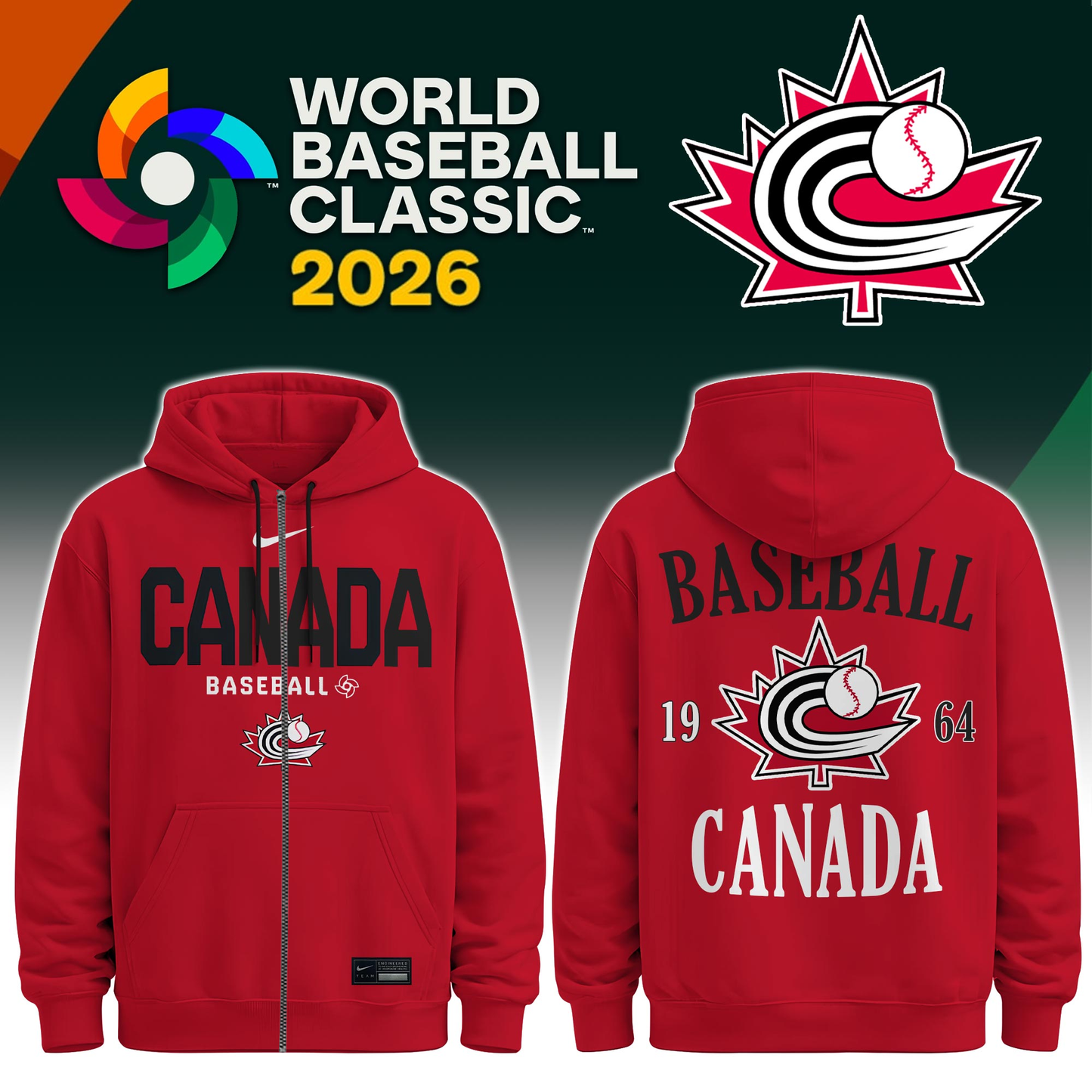 Canada Baseball 2026 Limited Edition Red Zip Hoodie
