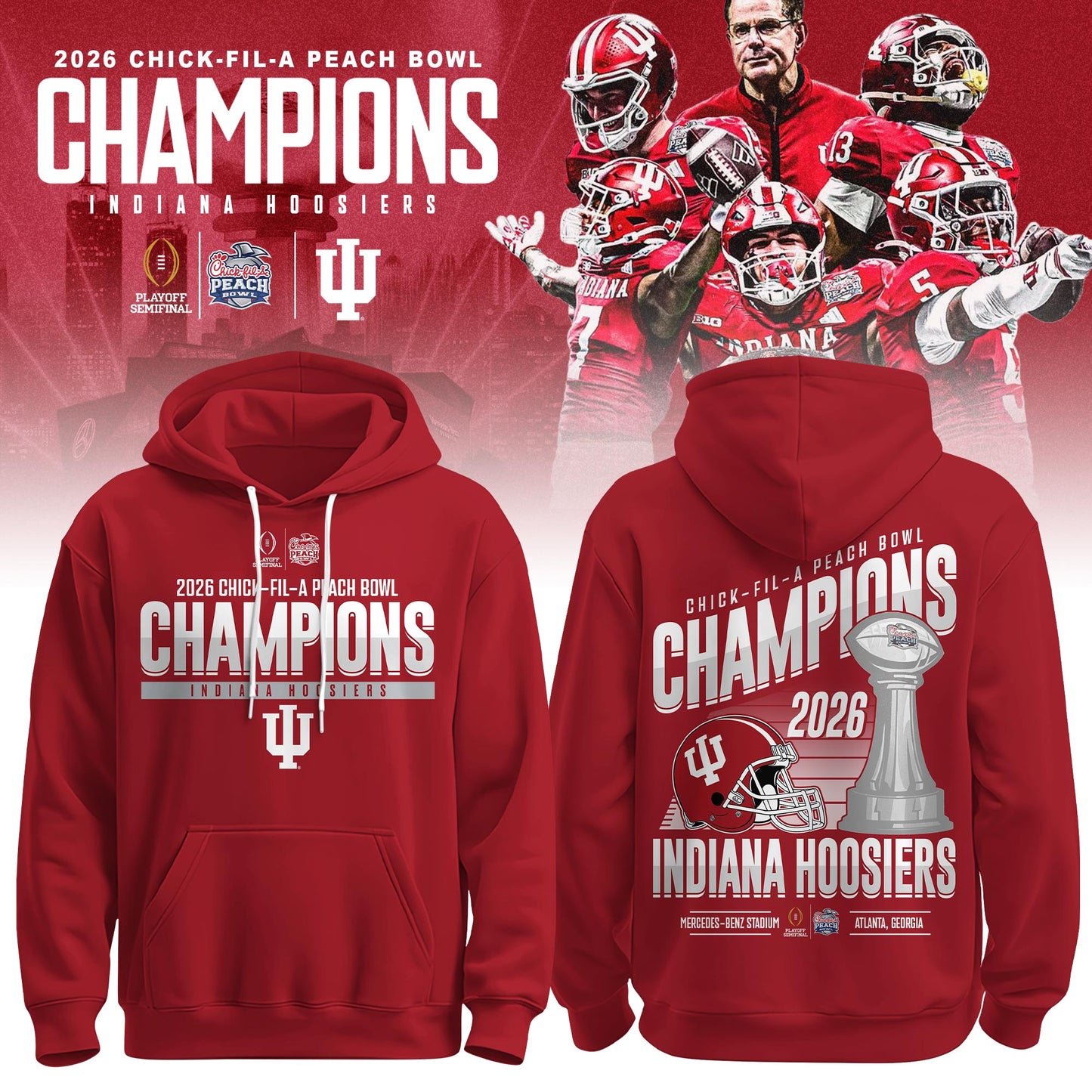 Indiana Hoosiers 2026 Peach Bowl Champions Hoodie – Cardinal
