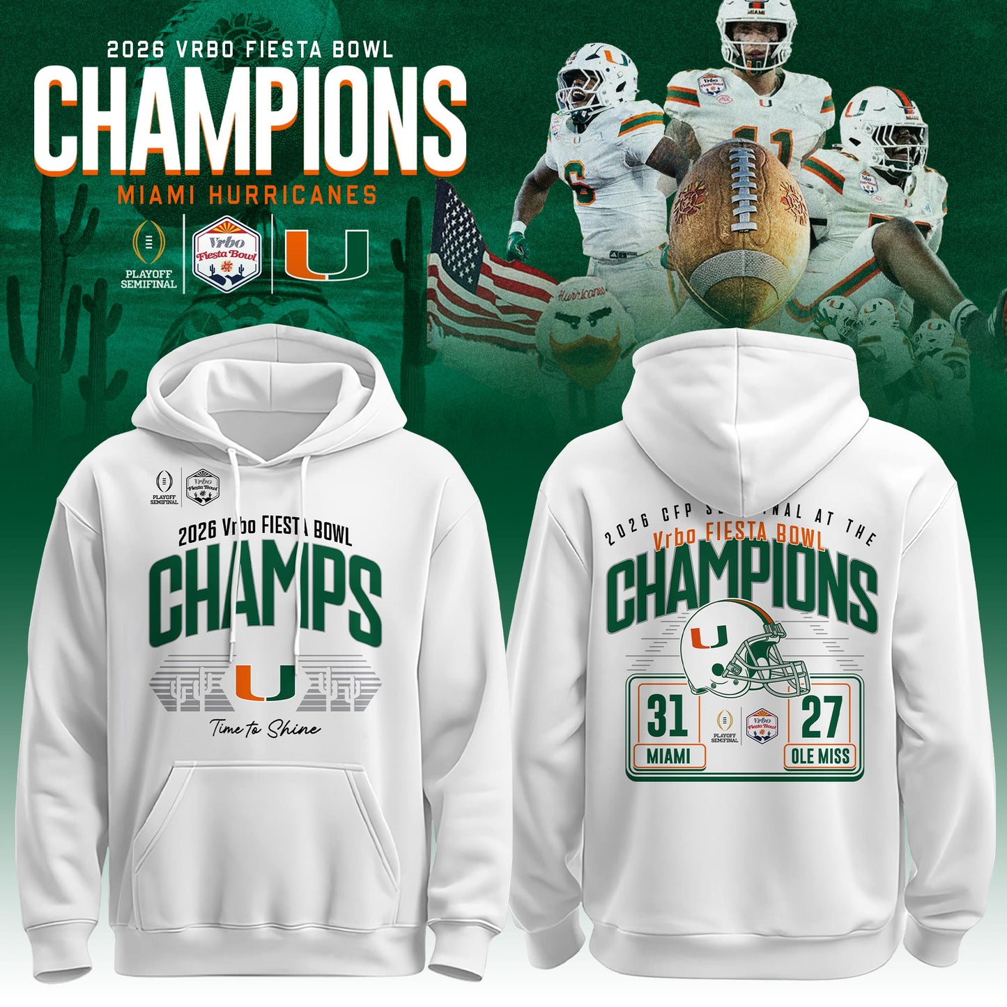 Miami Hurricanes 2026 Fiesta Bowl Champions Locker Room Hoodie – White