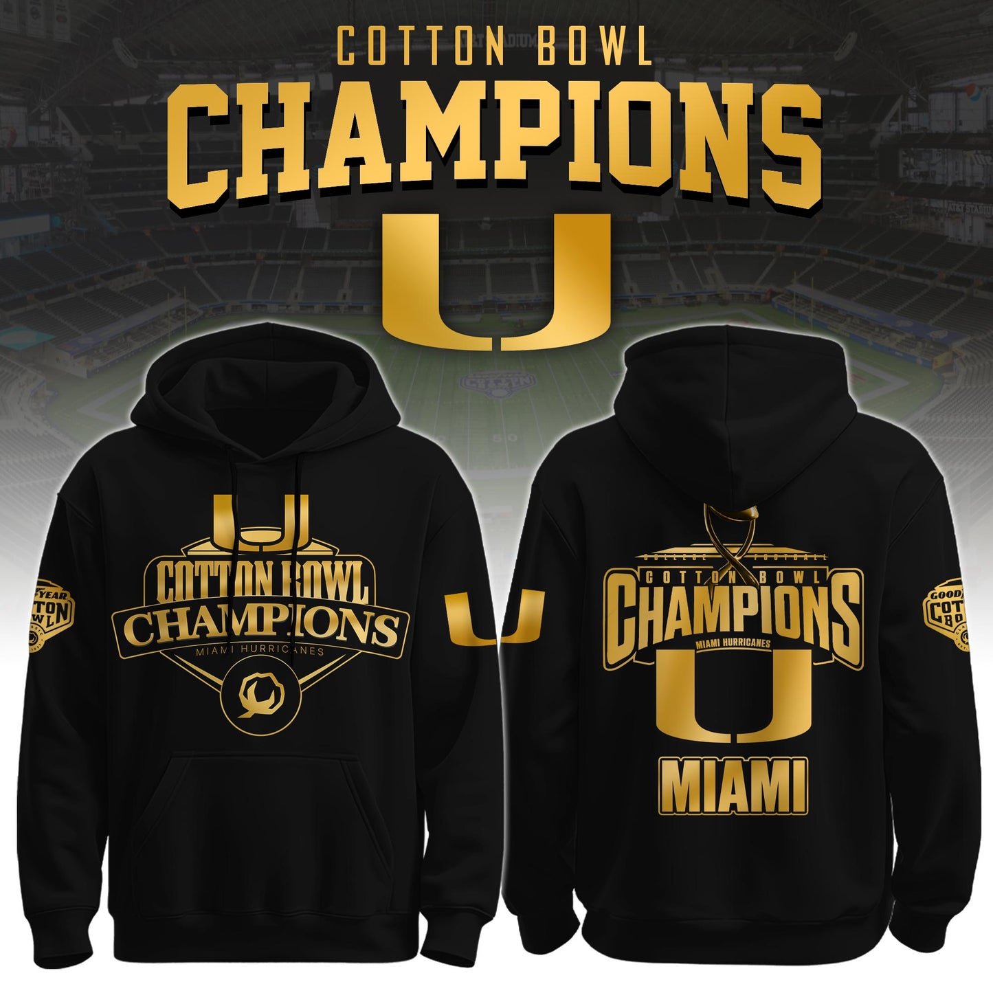 UM Hurricanes Football Cotton Bowl Champions Special Hoodie Limited Edition