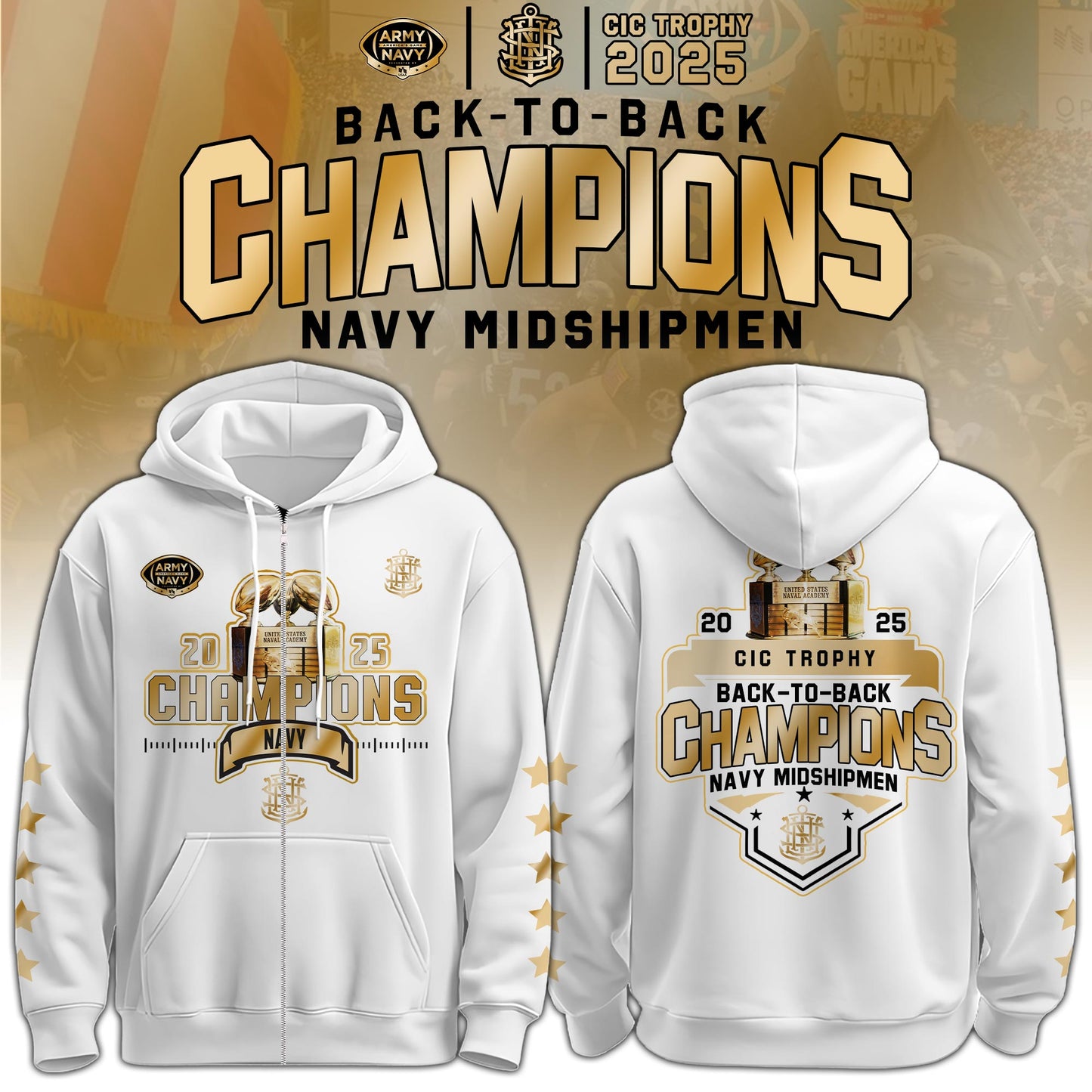 .Navy Midshipmen Special Back to Back CIC trophy Champions 2025 Zip Hoodie #2