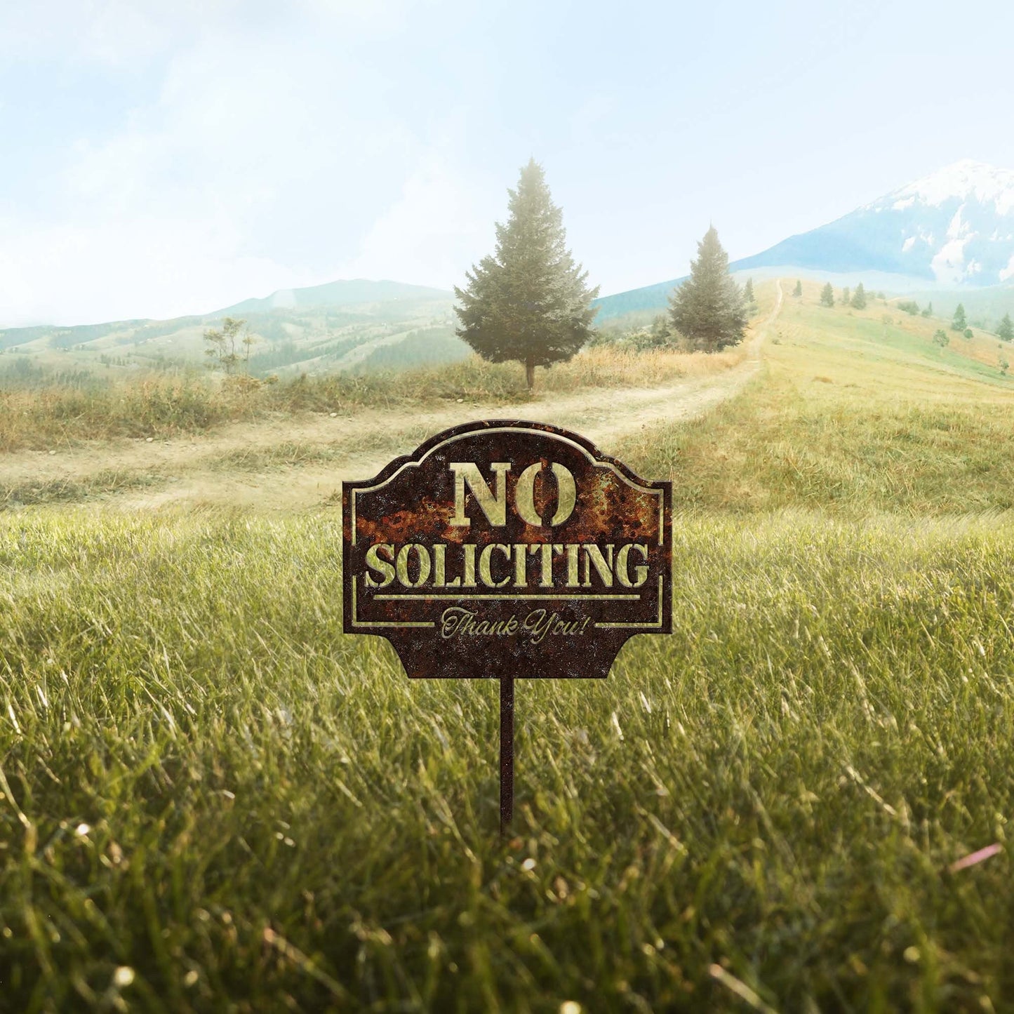 No Soliciting Yard Sign Metal Rusty, Notice Warning Garden Stake, Metal Yard Art, Outdoor Decor, Property Protected, Metal Garden Sign