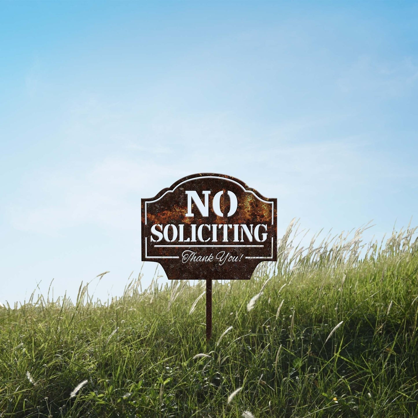 No Soliciting Yard Sign Metal Rusty, Notice Warning Garden Stake, Metal Yard Art, Outdoor Decor, Property Protected, Metal Garden Sign