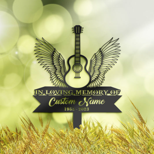 Personalized Acoustic guitar angel wings Memorial Stake, Metal Stake, Sympathy Sign, Grave Marker, Remembrance Stake
