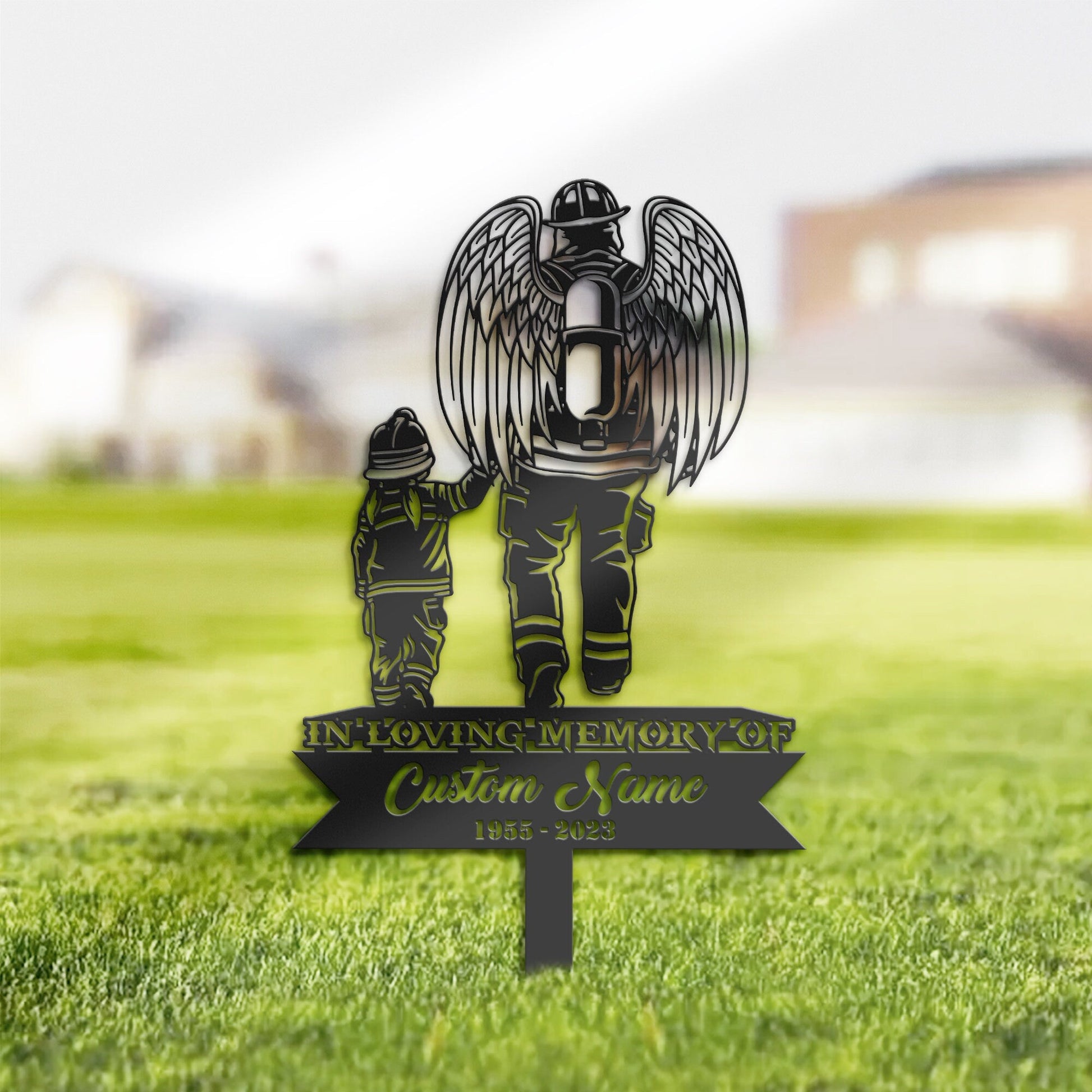 Personalized Angel fire fighter father and daughter Memorial Stake, Metal Stake, Sympathy Sign, Grave Marker, Remembrance Stake