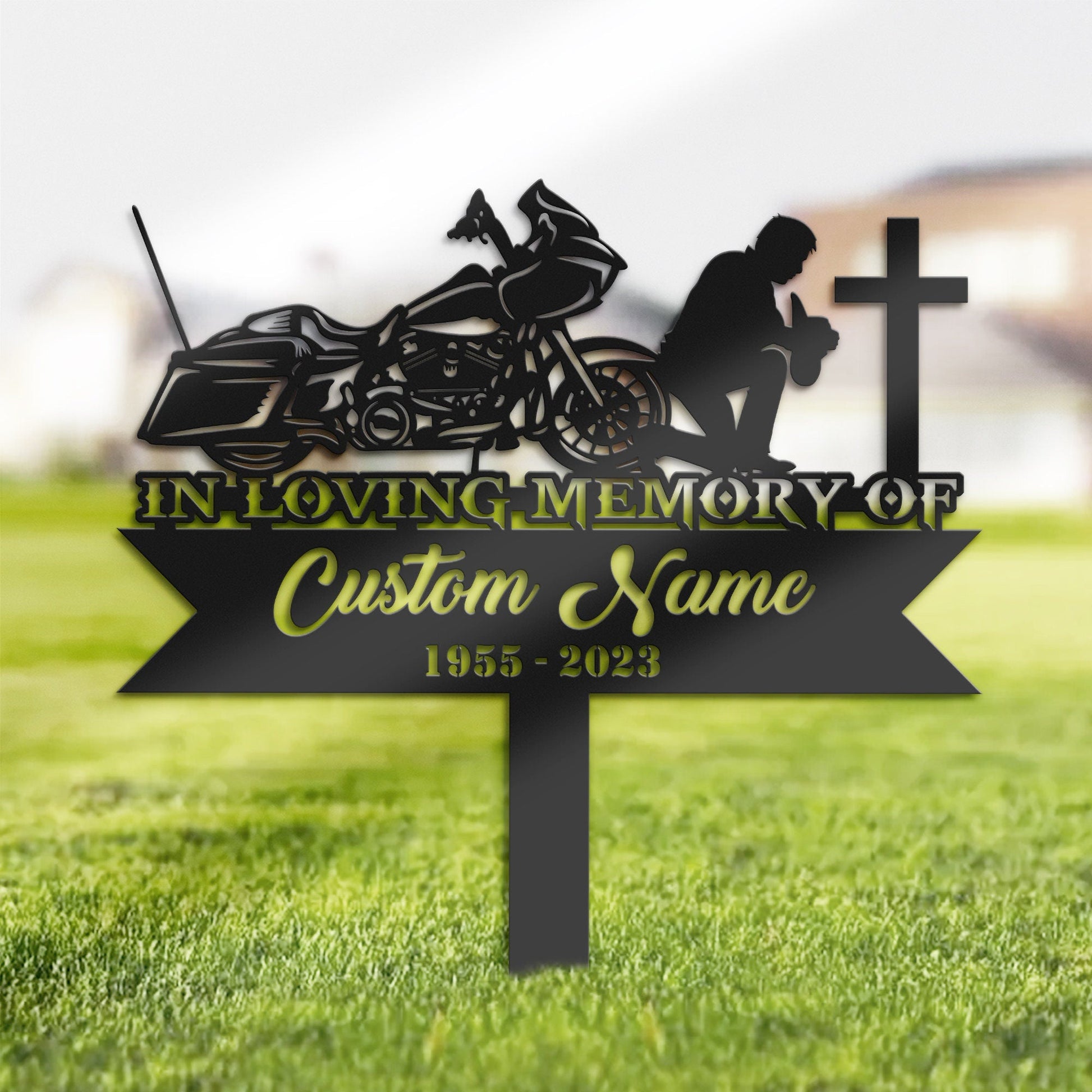 Personalized Biker Kneels at cross motobike rider Memorial Stake, Metal Stake, Sympathy Sign, Grave Marker, Remembrance Stake