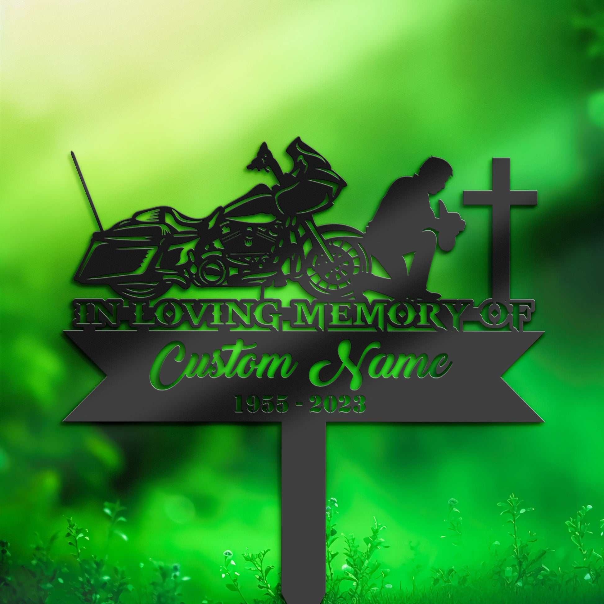 Personalized Biker Kneels at cross motobike rider Memorial Stake, Metal Stake, Sympathy Sign, Grave Marker, Remembrance Stake