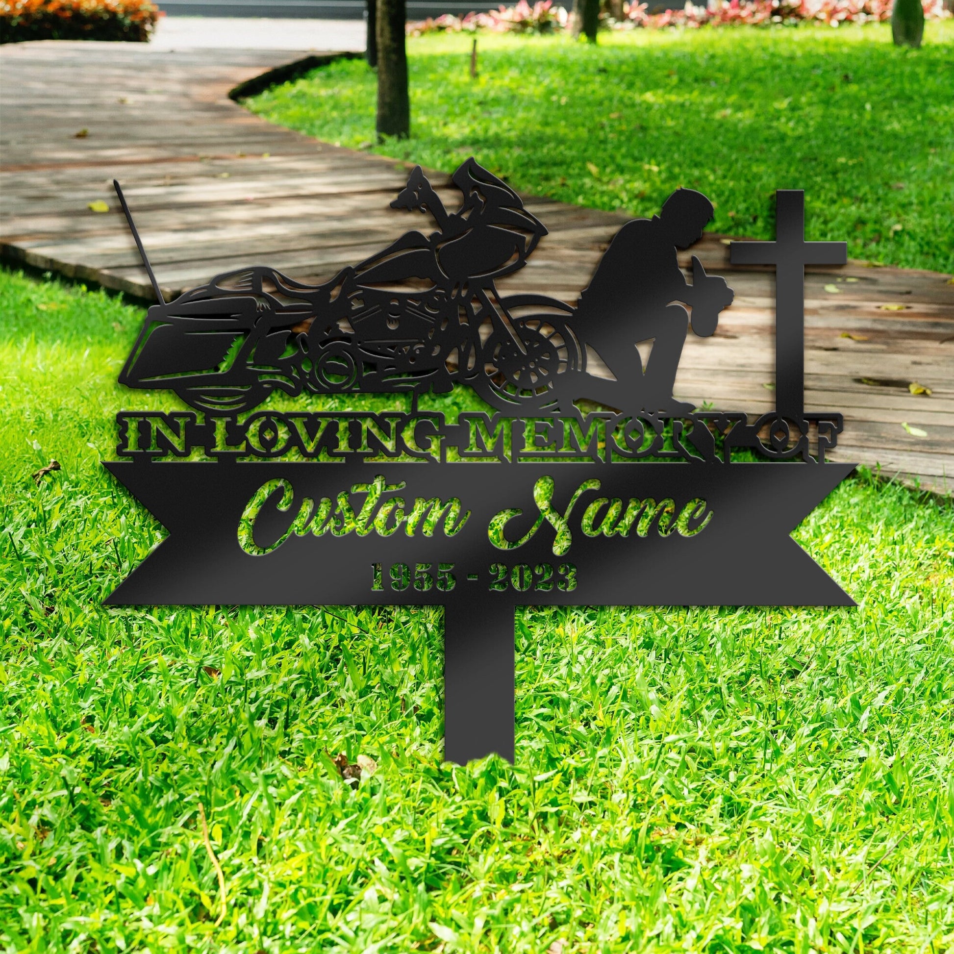 Personalized Biker Kneels at cross motobike rider Memorial Stake, Metal Stake, Sympathy Sign, Grave Marker, Remembrance Stake