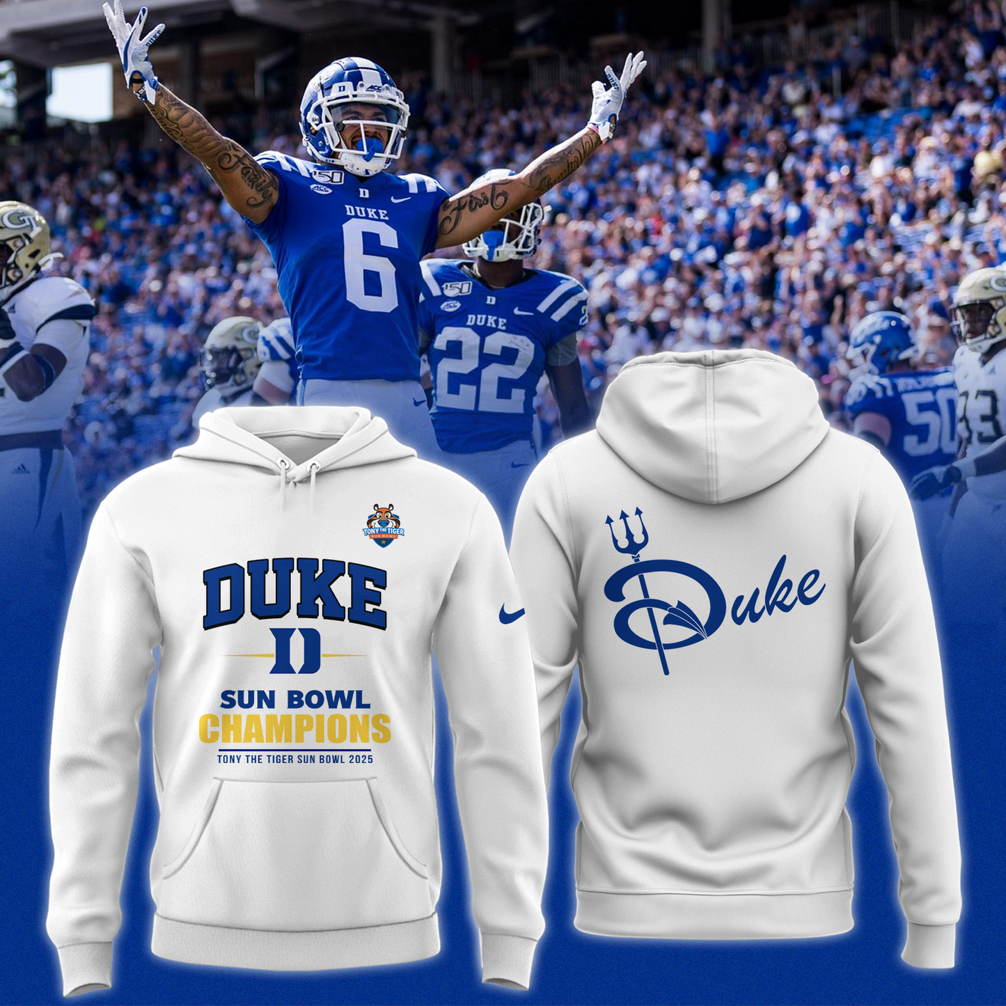 Duke 2025 TONY THE TIGER SUN BOWL Champions Hoodie Limited Edition