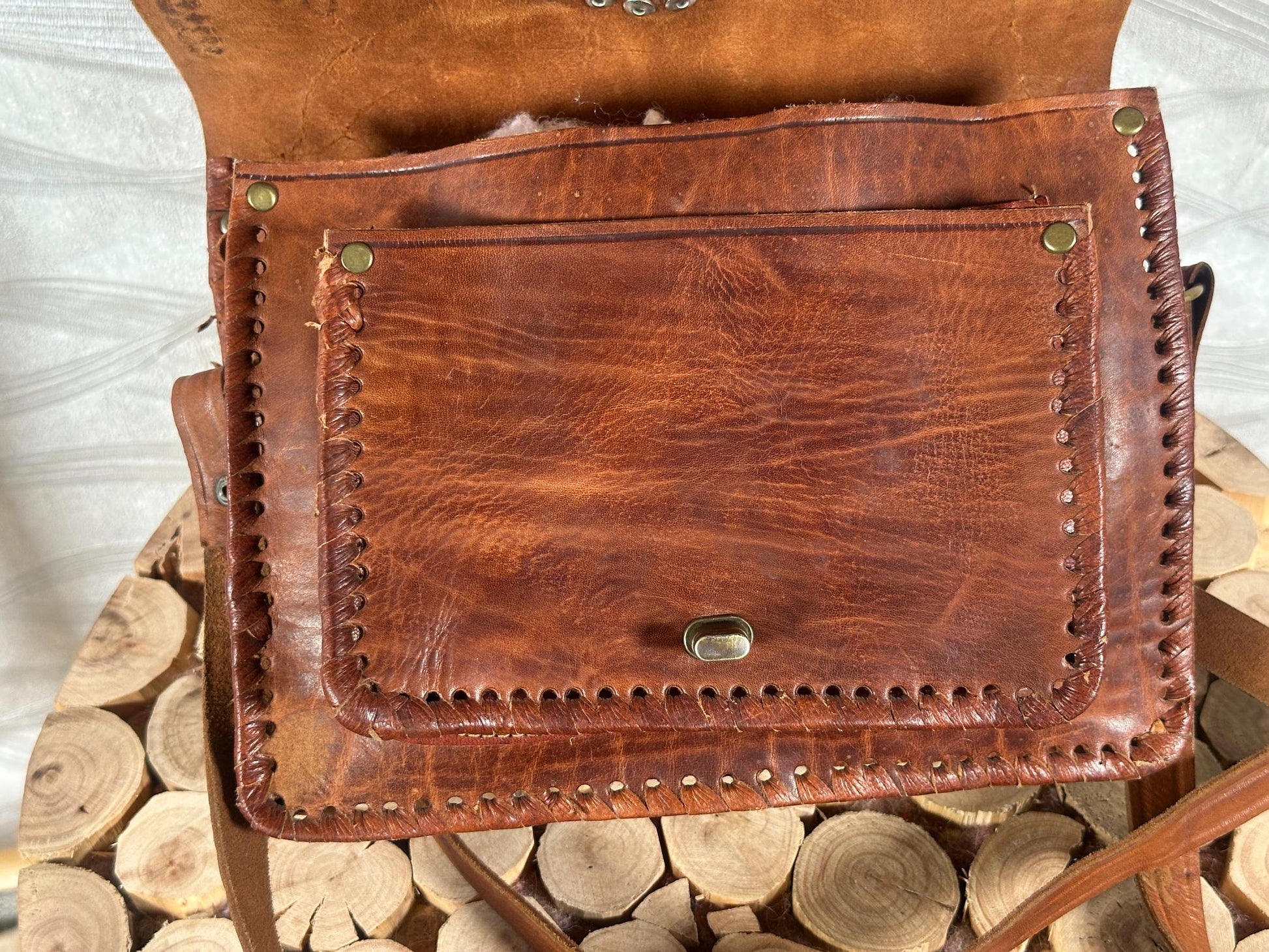 Handmade Moroccan Leather Crossbody Bag: Boho Brass & Blue Stone