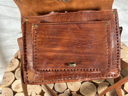 Handmade Moroccan Leather Crossbody Bag: Boho Brass & Blue Stone