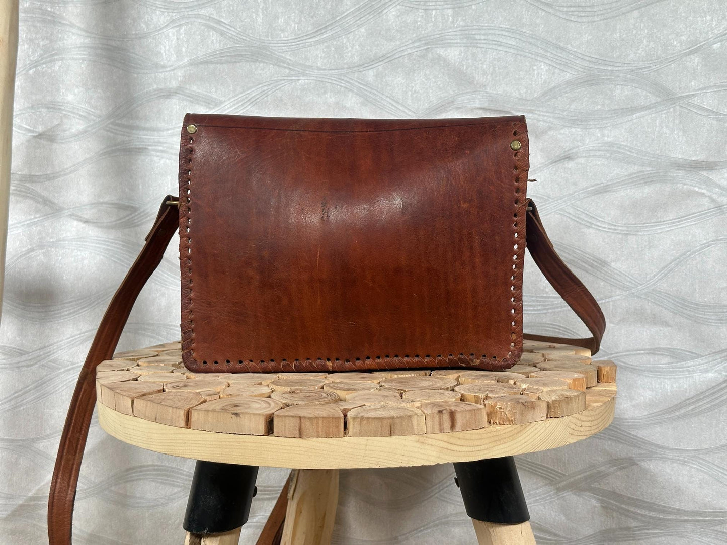 Handmade Moroccan Leather Crossbody Bag: Boho Brass & Blue Stone