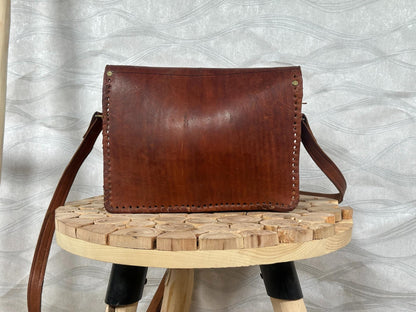 Handmade Moroccan Leather Crossbody Bag: Boho Brass & Blue Stone