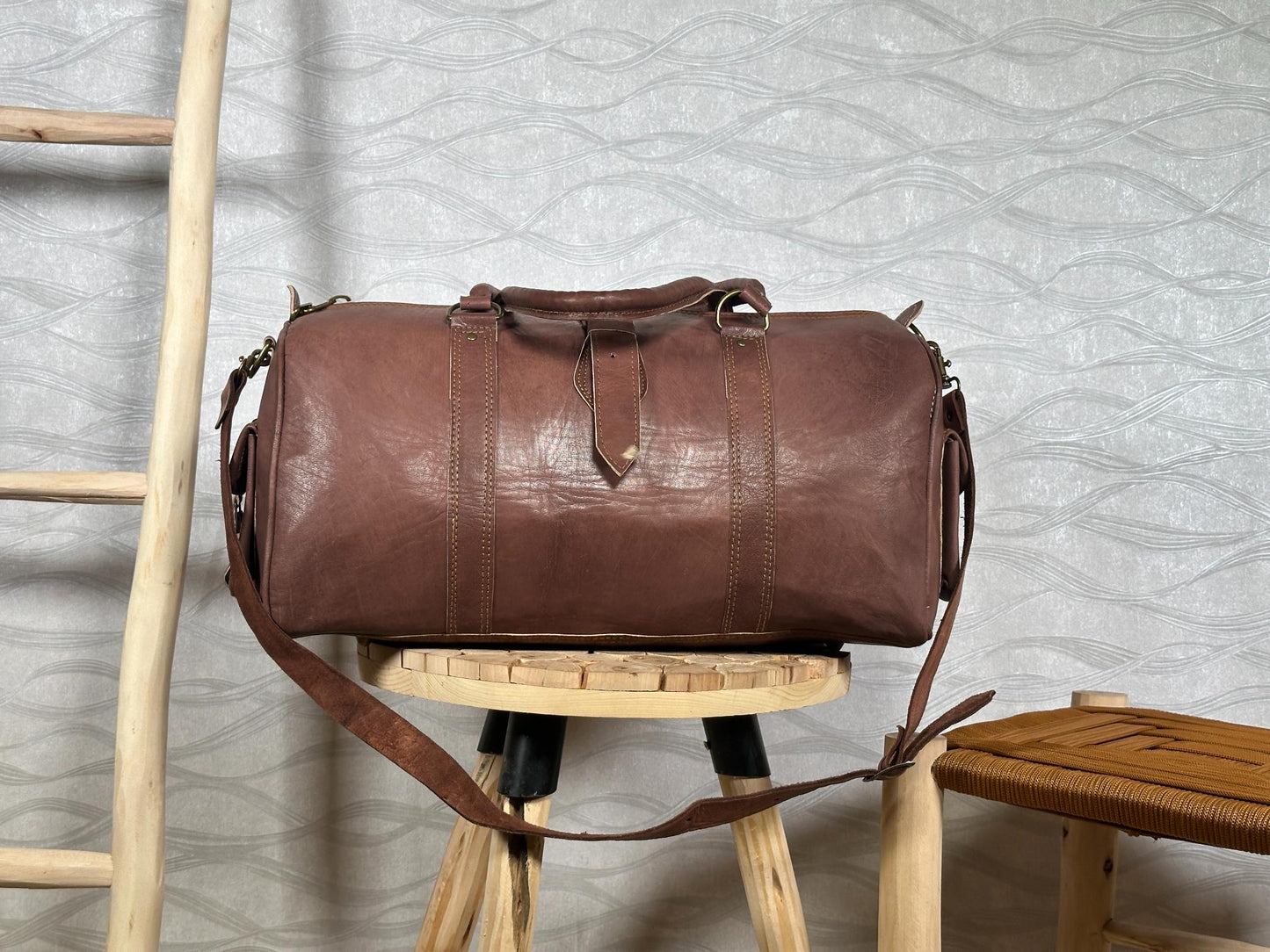 Handmade Moroccan Leather Duffle Bag: Marrakech Travel, Gym Carry-On