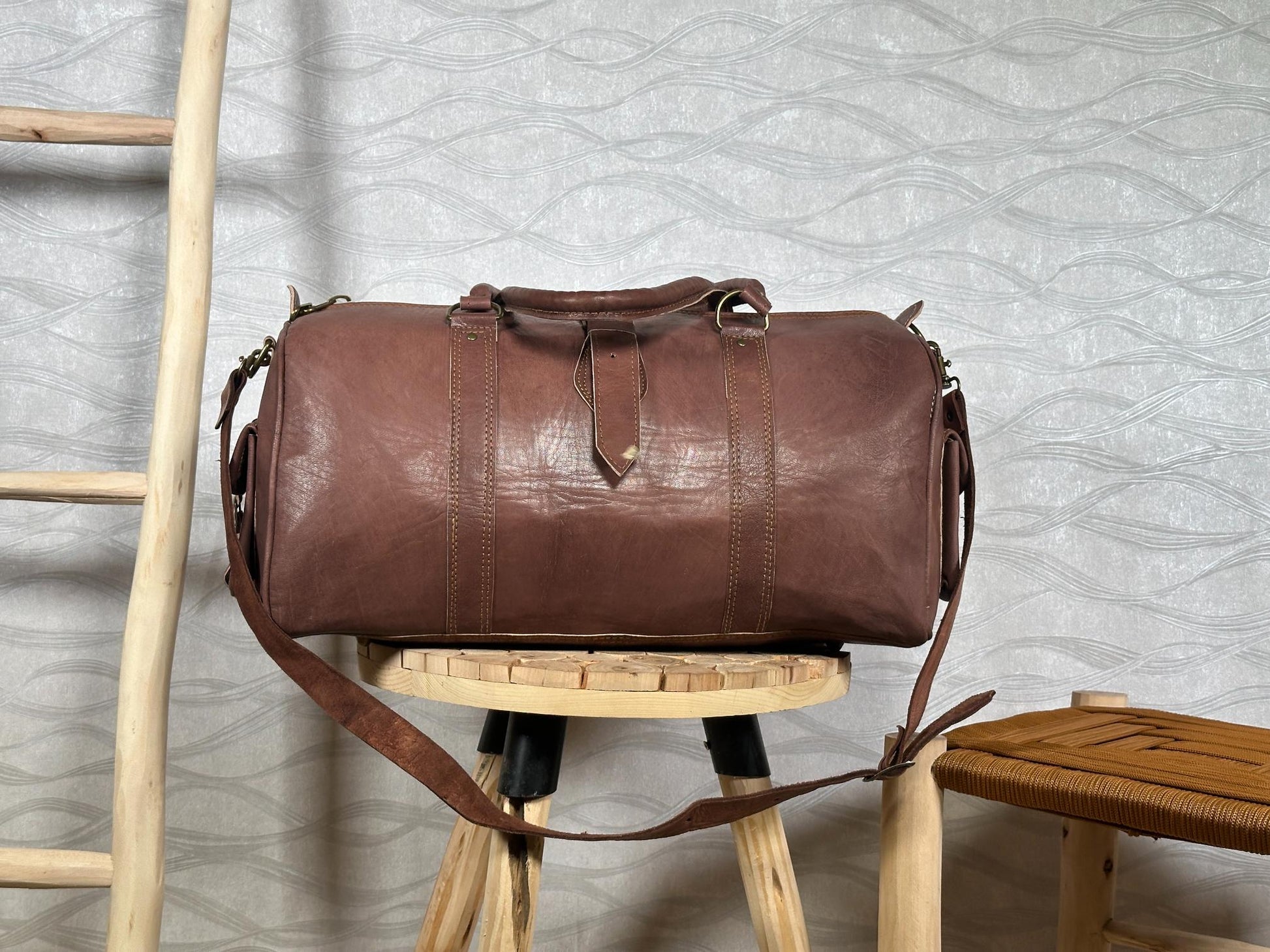 Handmade Moroccan Leather Duffle Bag: Marrakech Travel, Gym Carry-On